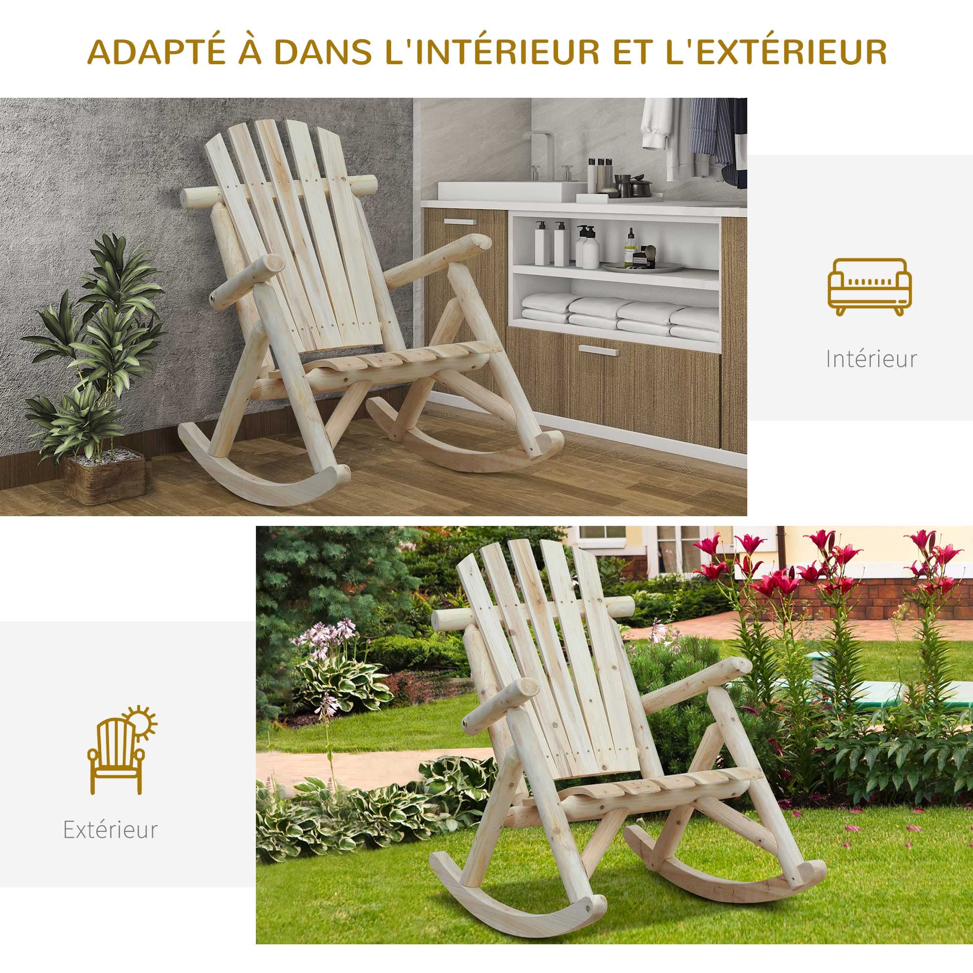 Outsunny Fauteuil de Jardin Adirondack à Bascule Rocking Chair Style néo-rétro Assise Dossier Ergonomique Bois Naturel de pin