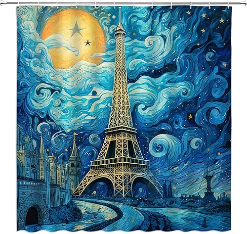 Cortina de ducha de la torre Eiffel de París, color azul, retro, torre Eiffel, cielo estrellado, luna, estrella, romántica, ciudad europea, vintage,