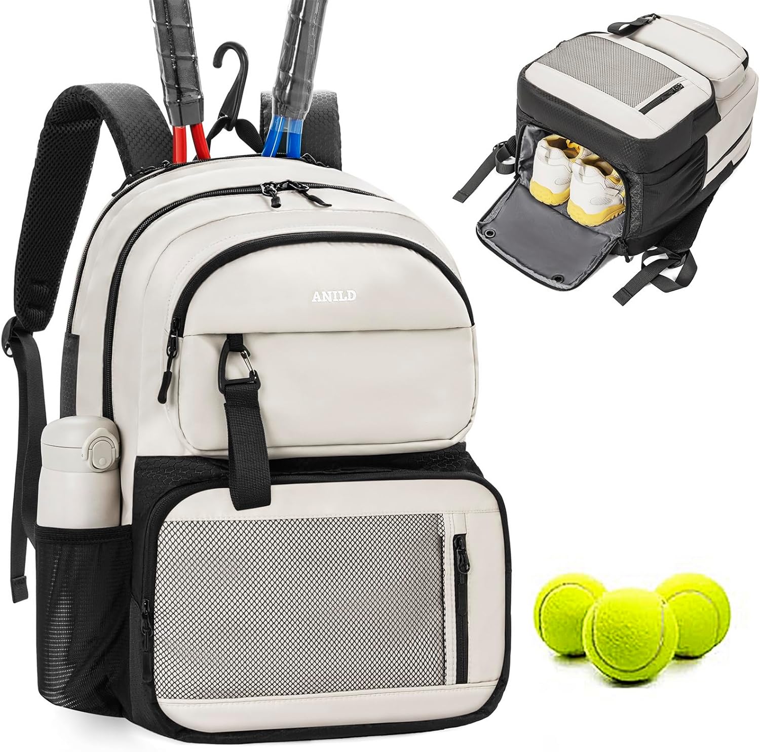 ANILD Tennis Bag Tennis Racket Backpack for 2 Rackets with Ventilated Shoe Compartment for Men & Women