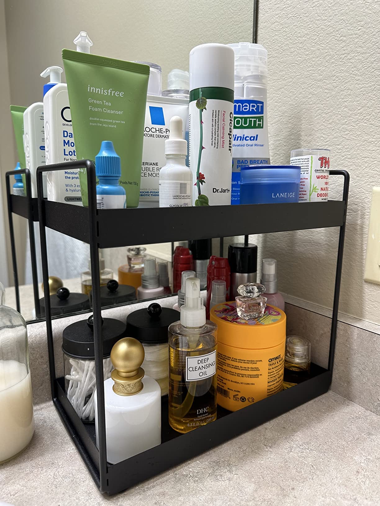 MULTIPUPOSE Bathroom Countertop Organizer, 2-Tier Vanity Tray Corner Shelf, Cosmetic Makeup Counter Standing Storage, Detachable Organizer Shelf Holder Kitchen(Black, Metal)