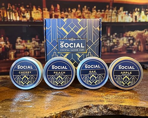 THE SOCIAL Chips ahumadores de cóctel, 4 paquetes de virutas de madera natural, cereza, bueno, melocotón, manzana para infundir whisky, bourbon, Old