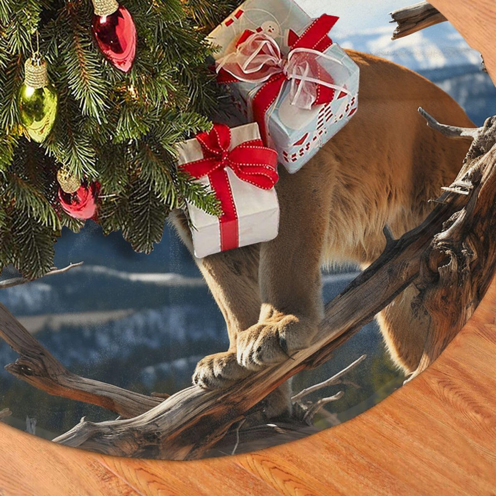 Fodpand Black Panther Mountain Lion Christmas Tree Skirt 48" Velvet Xmas Tree Skirt Mat Rustic Christmas Tree Mat Cover Winter Xmas Tree Collar For Indoor Outdoor Christmas Decorations