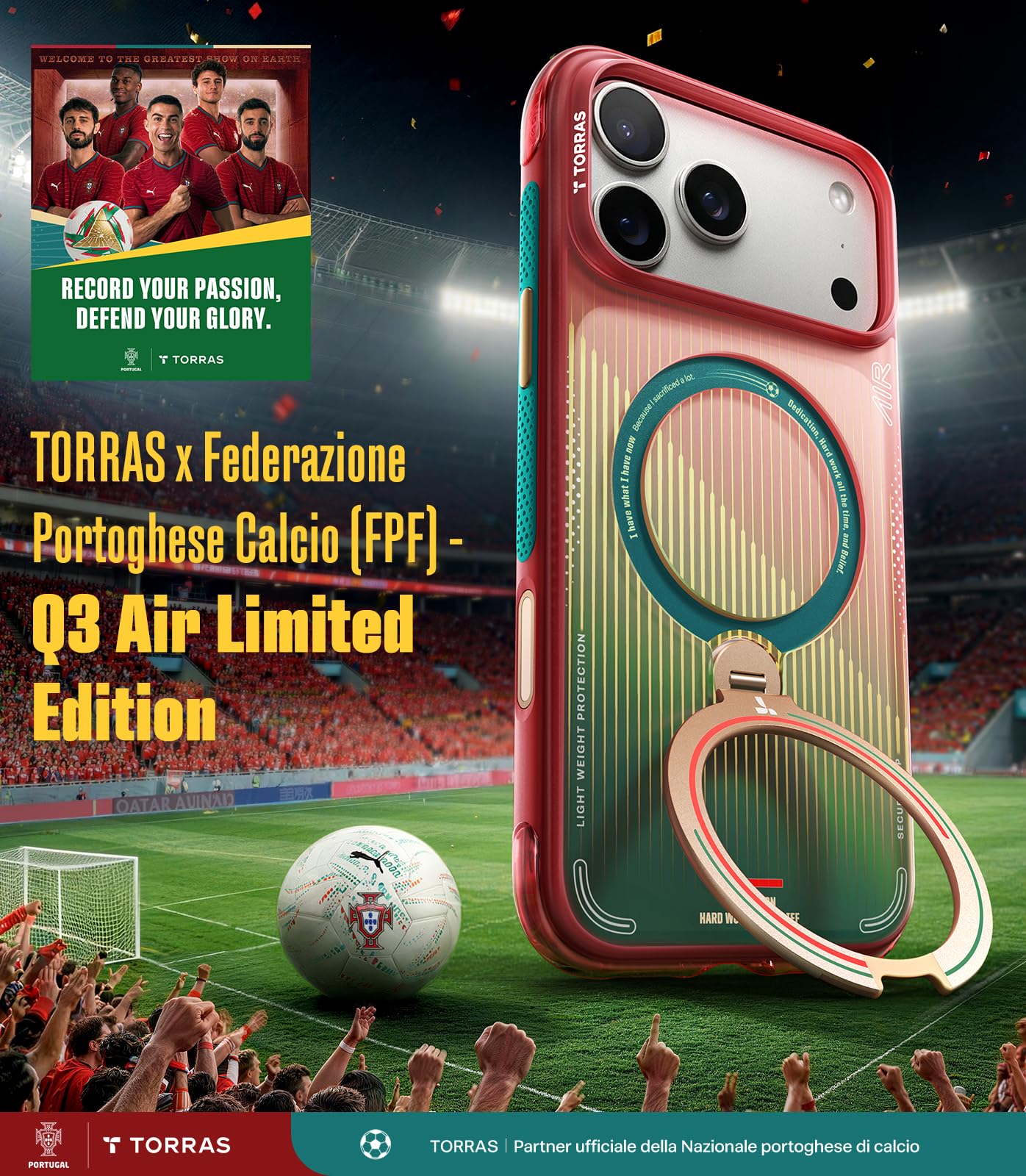 TORRAS Ostand Q3 Air per iPhone 17 Pro, custodia con supporto MagSafe, edizione tifosi del Portogallo N.7, custodia con supporto per la visione delle partite, custodia protettiva antiurto per Glory