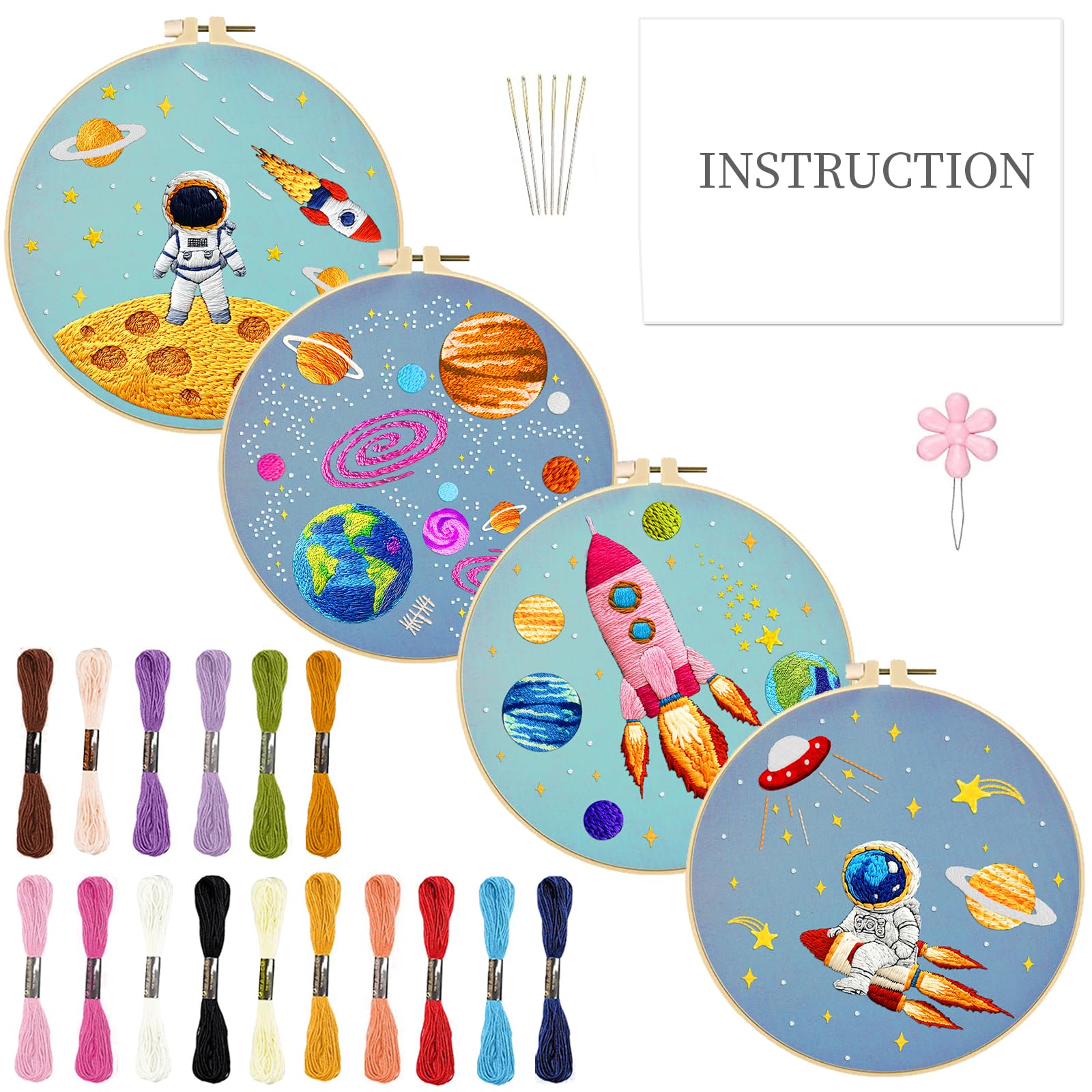 INFUNLY 4 Set Astronauten Sticksets für Anfänger Weltraum Kreuzstich Sets Mit Anleitung Raketen Stick Starter Sets für Erwachsene DIY Stick Nadelspitzen Sets Handgefertigte Näh Und Bastelsets