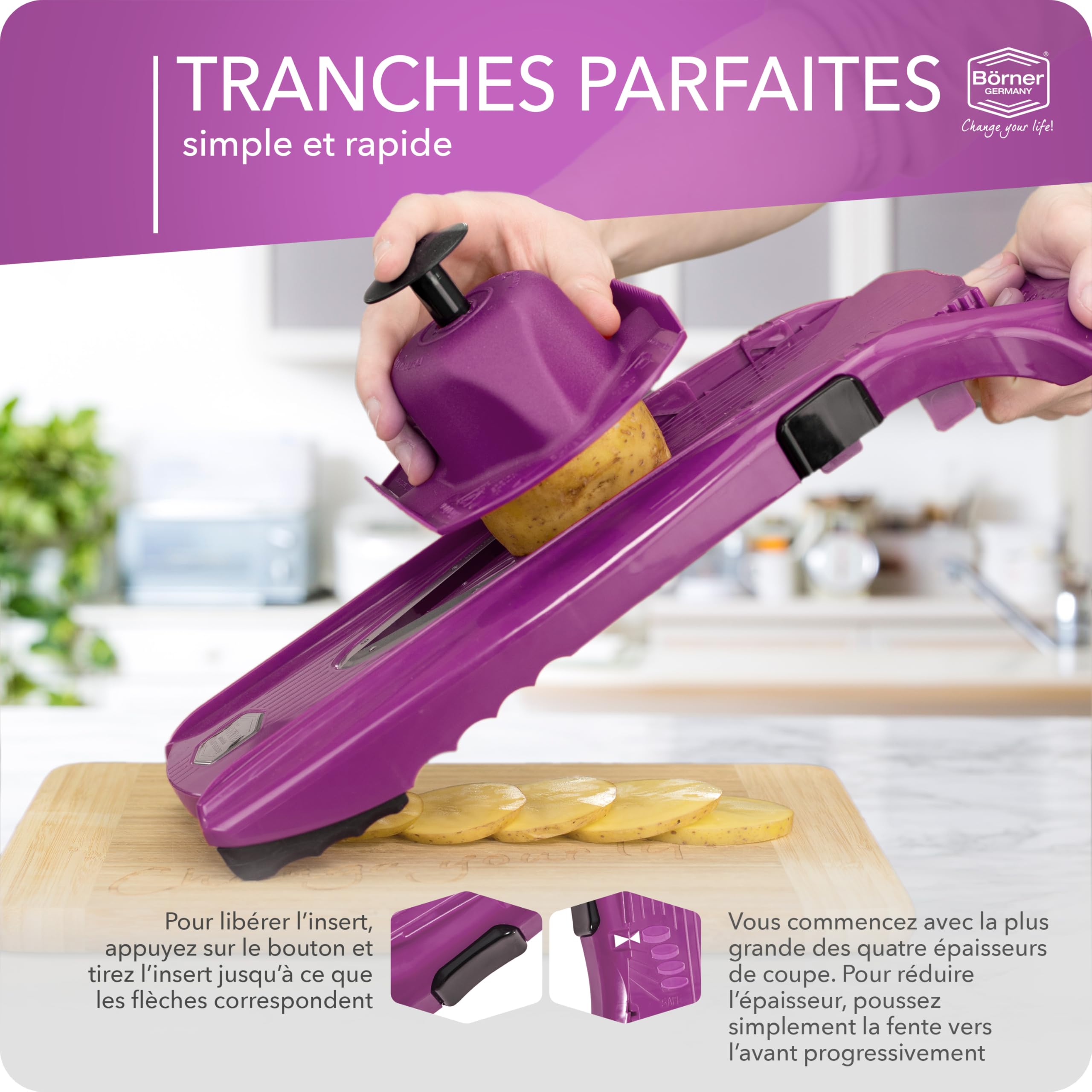Coupe-Légumes Börner V5 (Set de Base) • Mandoline en V pour tranches de 4 épaisseurs • Trancheuse avec lame en acier inoxydable • Mandoline réglable pour fruits & légumes • Violet