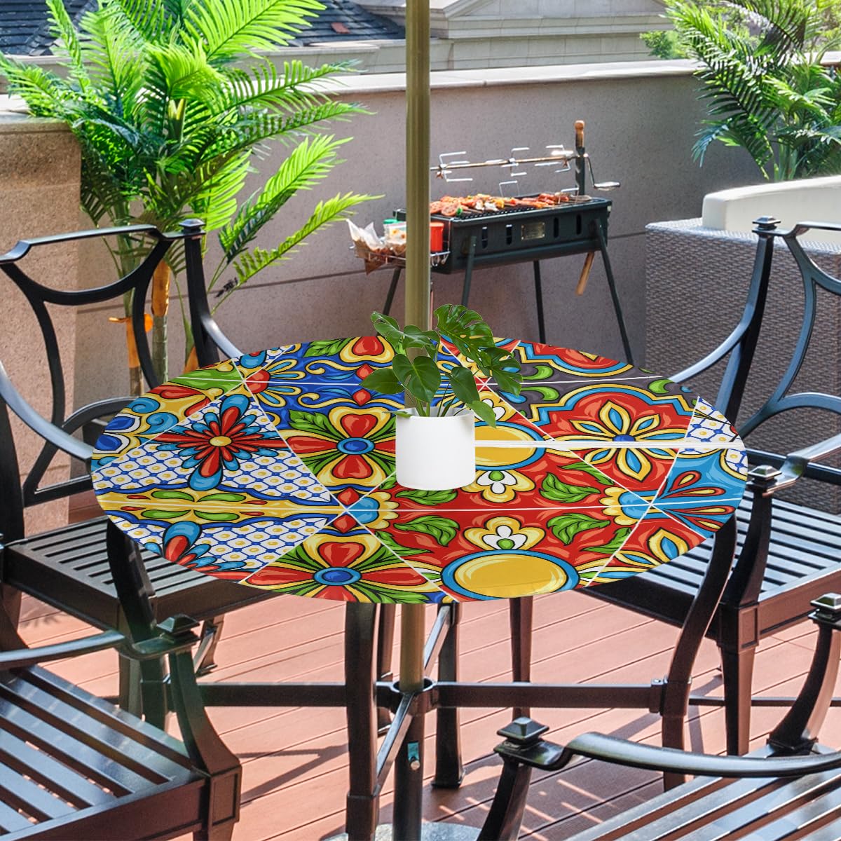 FZDXZJJ Mexican Talavera Round Outdoor Tablecloth with Umbrella Hole and Zipper,Rhombic Mandala Fitted Tablecloth Elastic Edge Patio Table Cover for Spring Summer Picnic Party 36