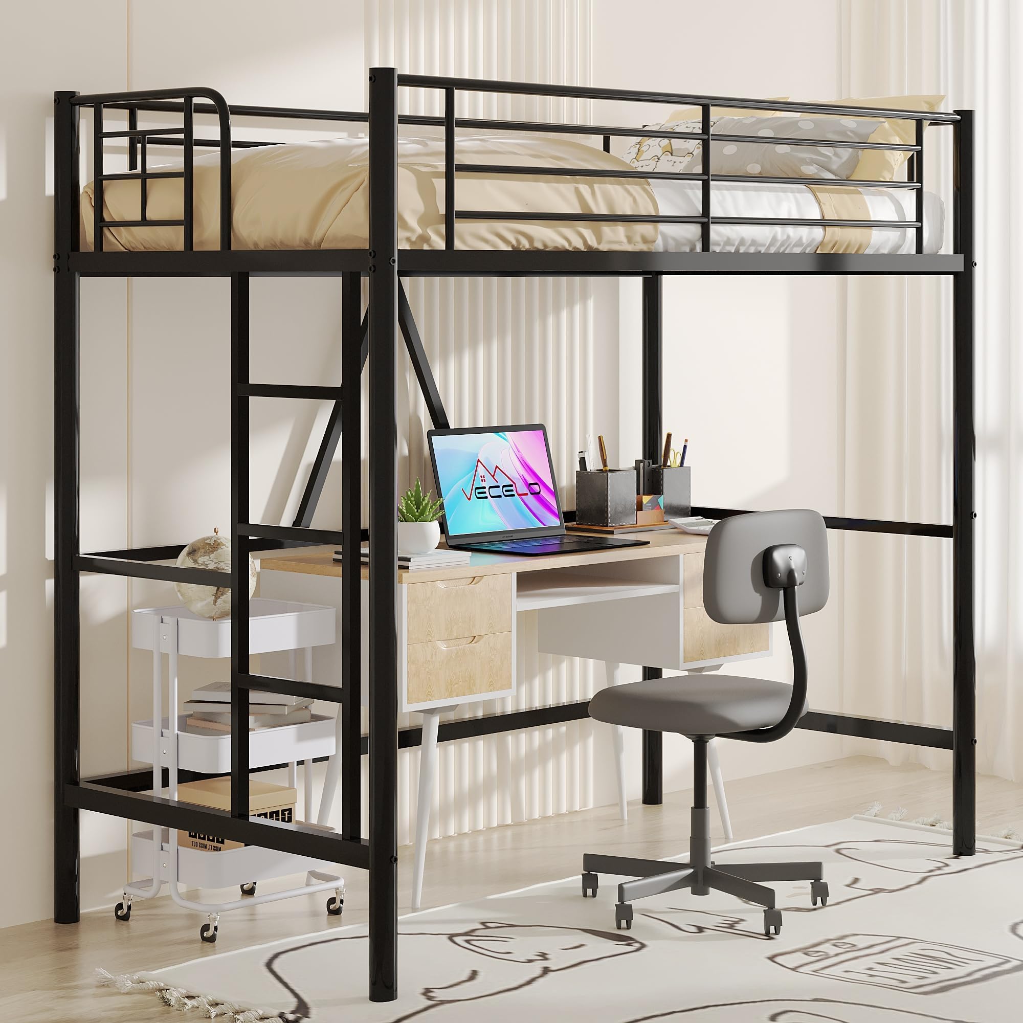 VECELO Etagenbett 90 x 200 cm aus Metall, Hochbett mit 150 cm Bodenfreiheit, abnehmbare Leiter und hohes Sicherheitsgeländer, geräuschfrei konstruiert für Kinder, Jugendliche und Erwachsene, schwarz