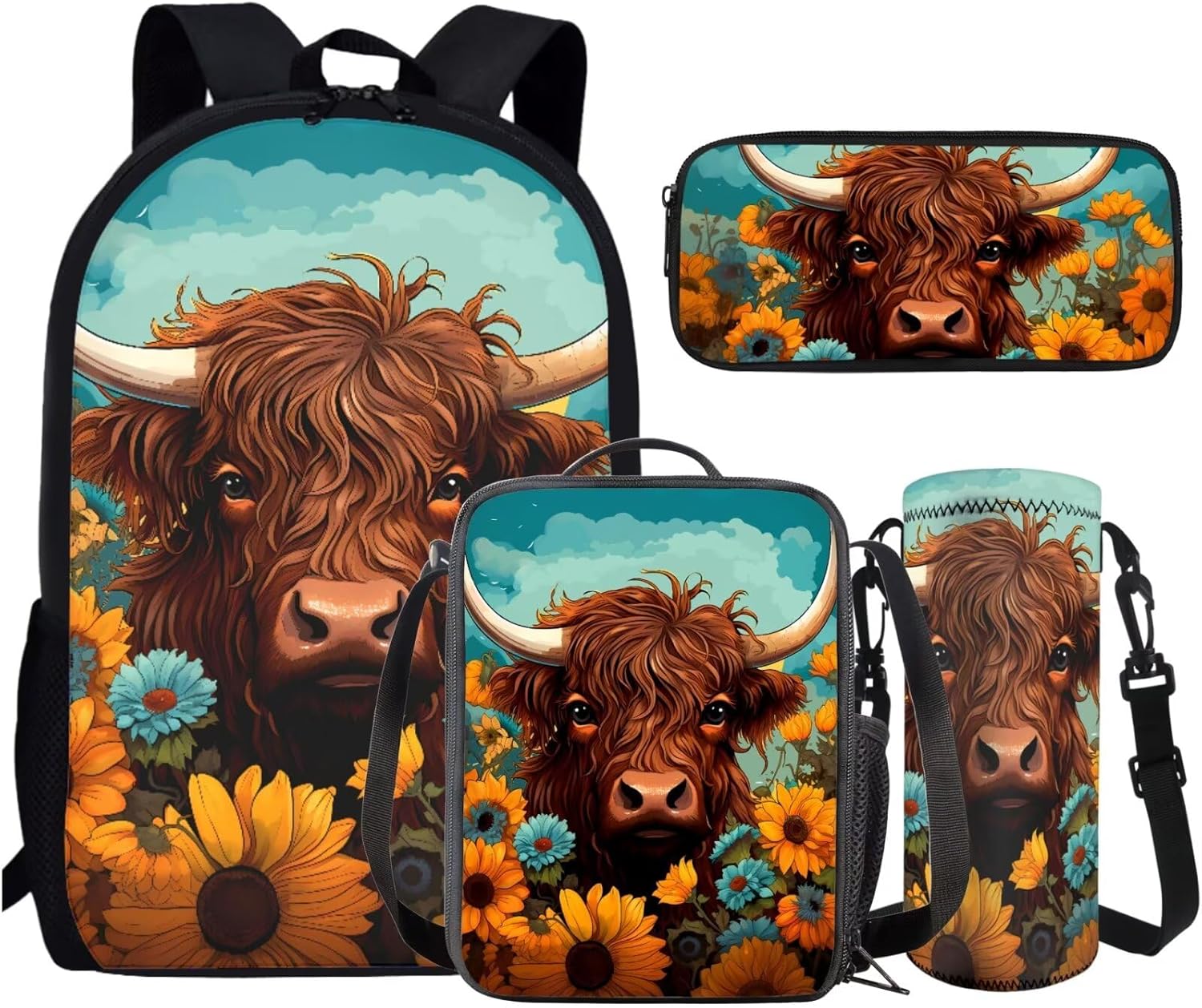 AmzPrint 4 In 1 Highland Cow Backpack Set Sunflower Bookbag And Lunch Box Pencil Bag Water Bottler Carrier Set For Girls Boys