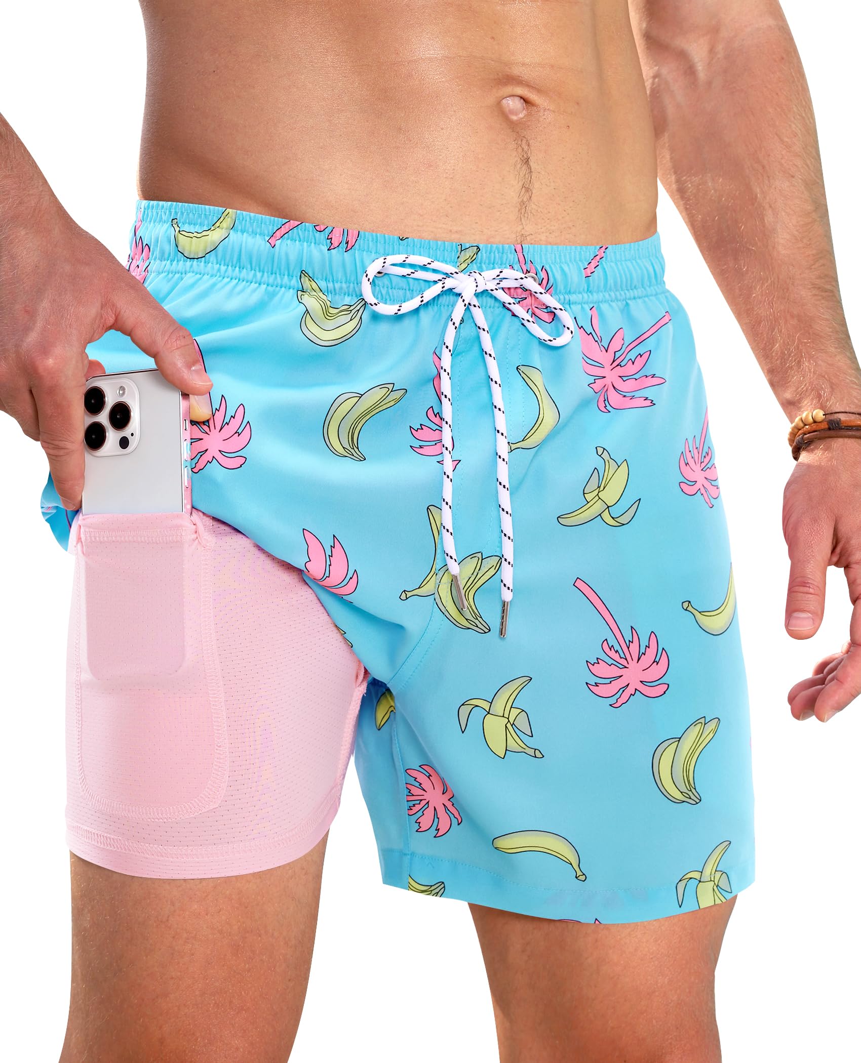 5inch Mens Swim Trunks with Compression Liner Pockets Drawstring Quick Dry Stretch Lined Funny Beach Swimming Surf-image-29