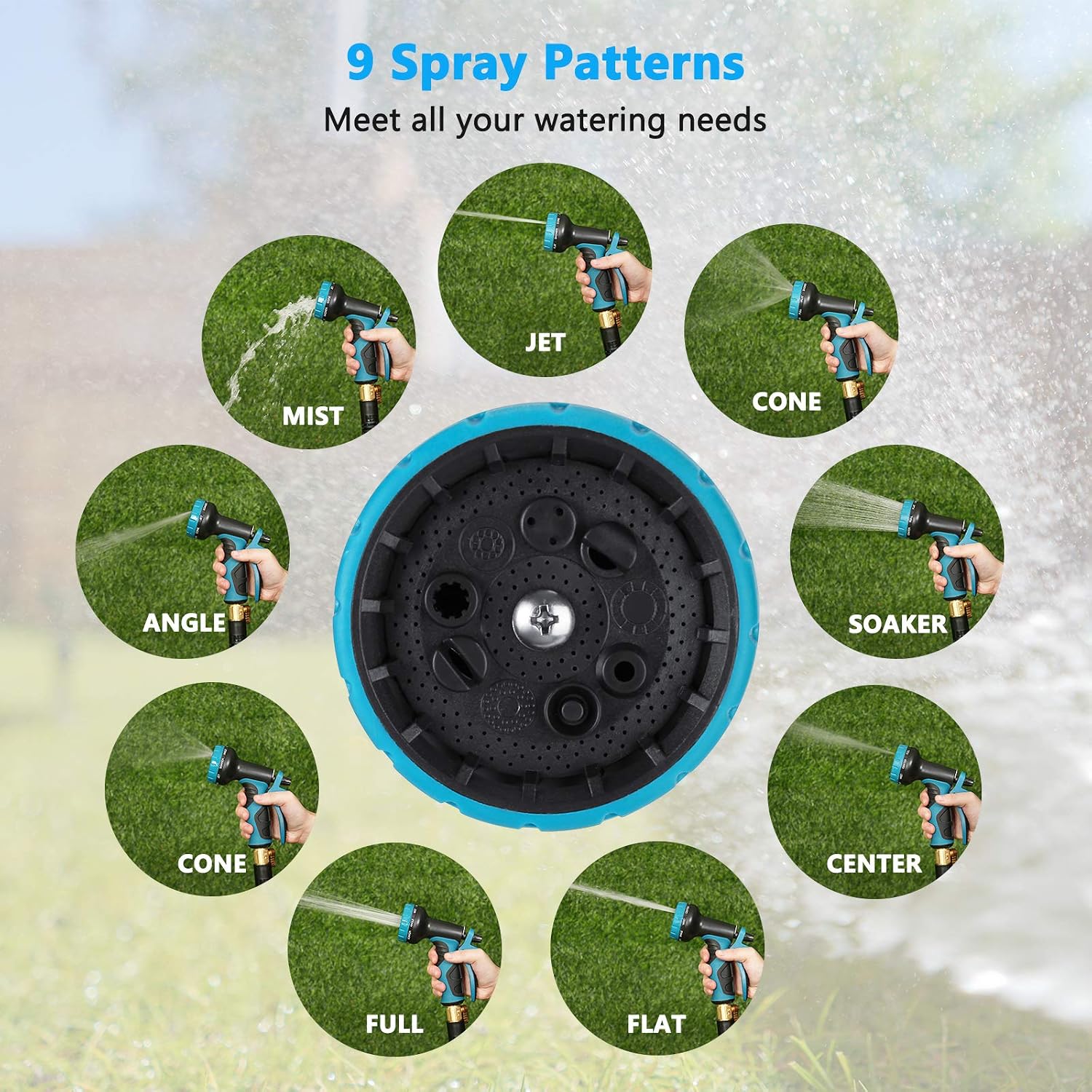 LYHOPE 50ft Garden Hose, Expandable Hose with 9 Function Nozzle and 3-Layers Latex, Flexible Garden Water Hose with Solid Brass Fittings for Garden Watering and Washing (Blue-Black)