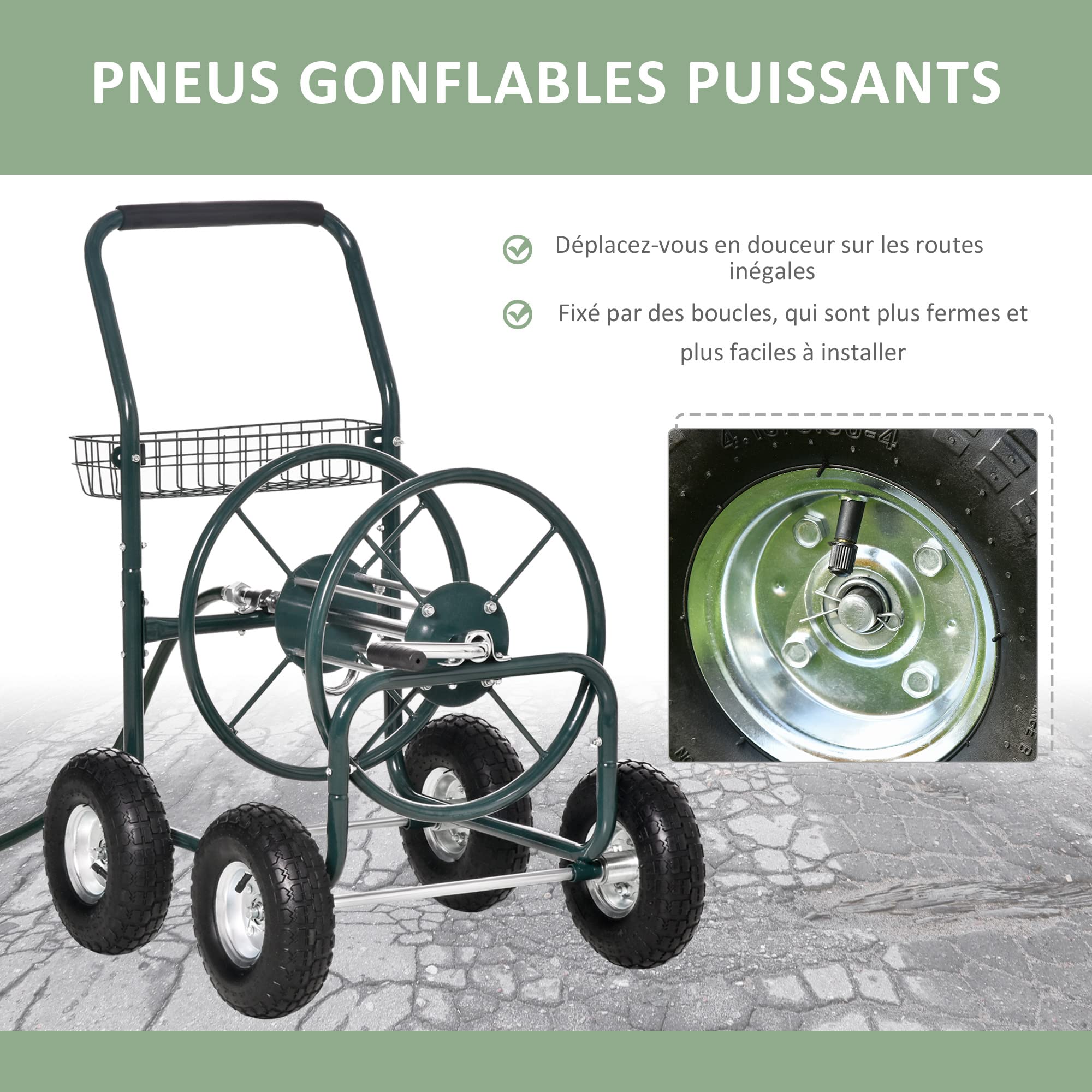 Outsunny Dévidoir sur Roues 70 m - dévidoir métal - dévidoir Chariot - Enrouleur Tuyau d'arrosage - poignée antidérapante, Panier Rangement - métal Vert