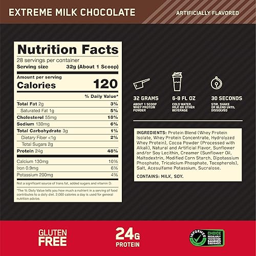 Miniatura 4 de Optimum Nutrition Gold Standard 100  polvo de proteína de suero chocolate con leche extrema 5 libras el embalaje puede variar 1054630 suero de leche