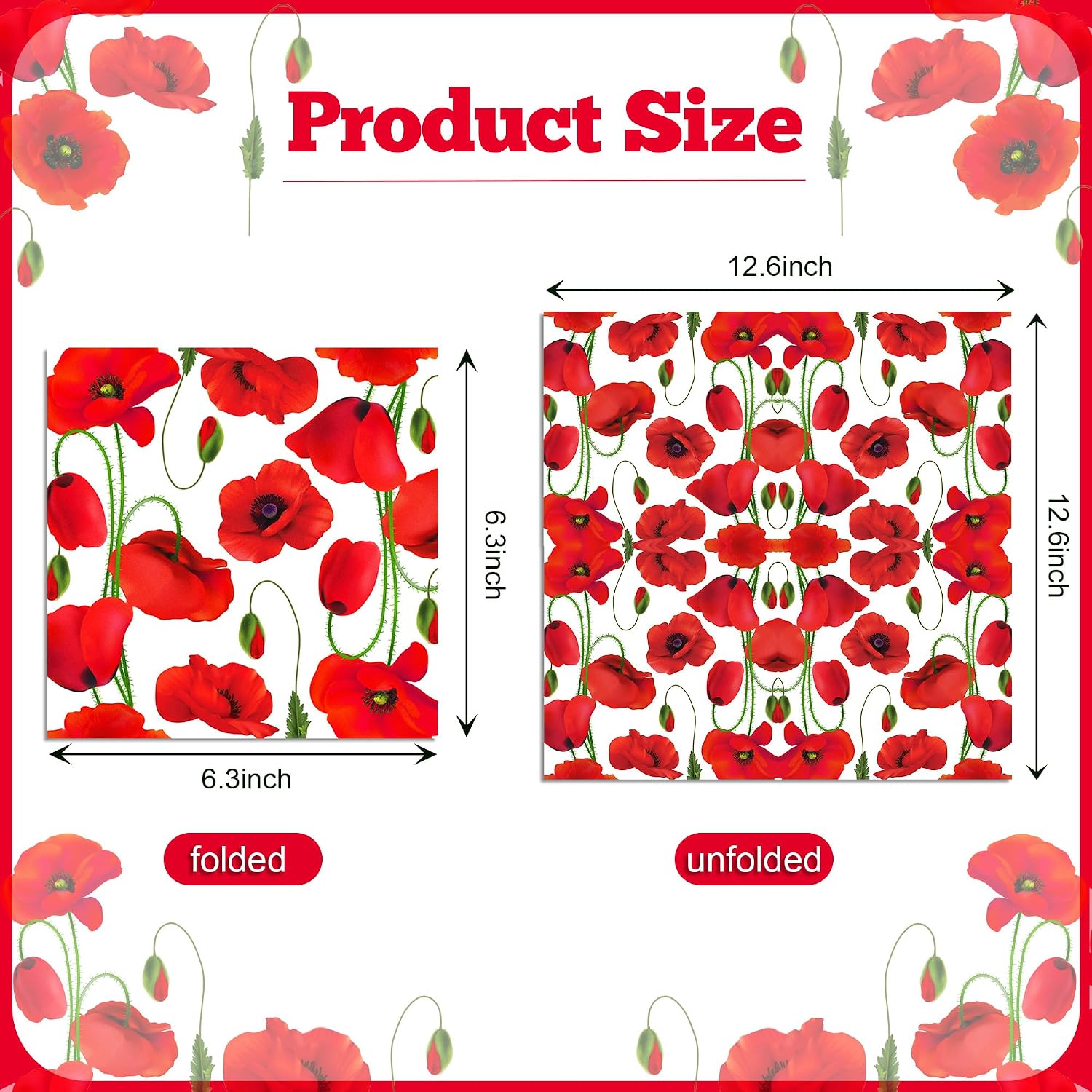 40PCS Poppy Floral Paper Napkins Flowers Paper Napkins Disposable Poppy Floral Party Napkin, Red Poppies Flowers Decorative Luncheon Dinner Guest Napkin for Poppies Party Supplies,6.5" x 6.5"