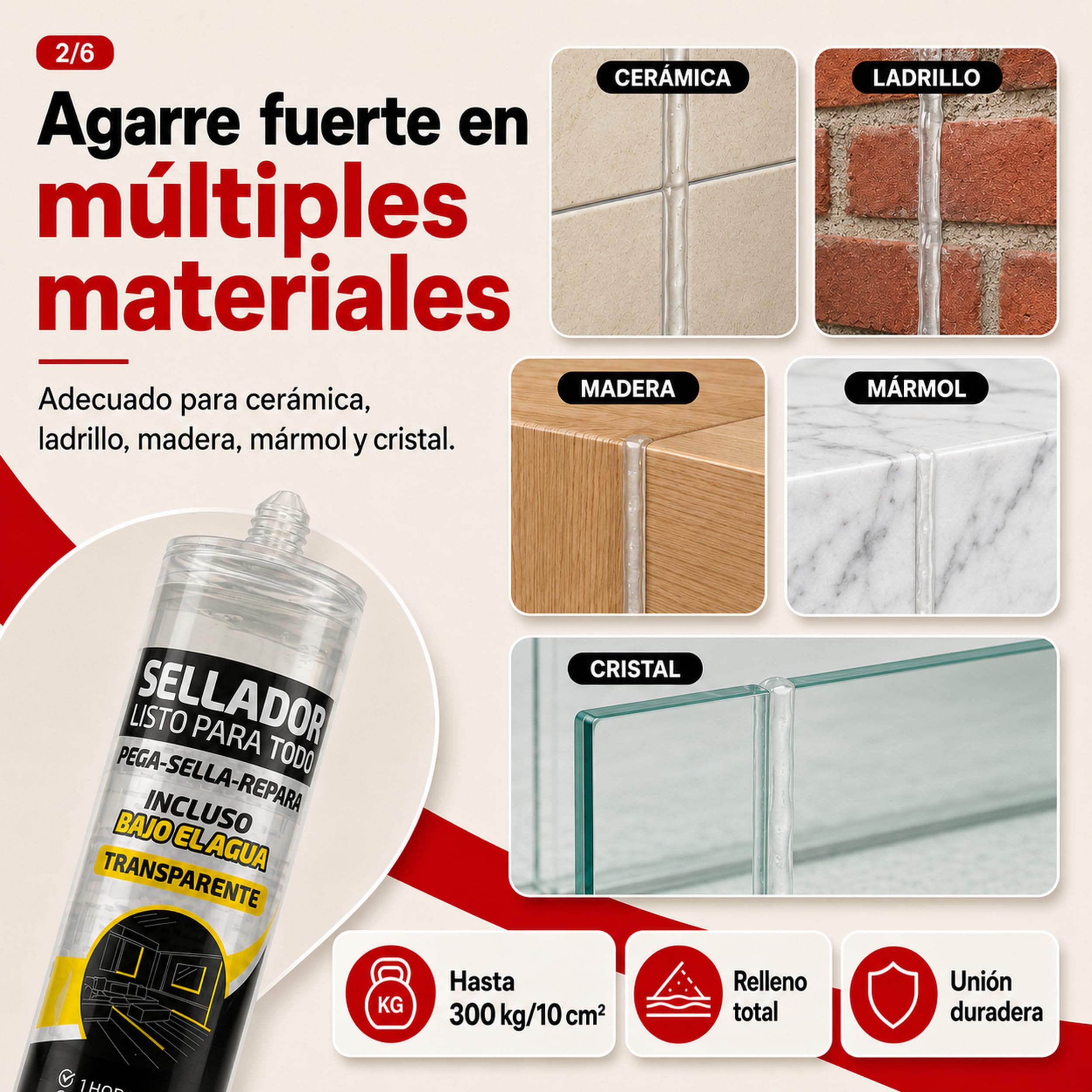 Sellador Multiusos Transparente 280 ml, Adhesivo Impermeable y Flexible para Juntas, Grietas y Reparaciones, Cerámica, Madera, Mármol y Cristal, Interior y Exterior, Pack de 12