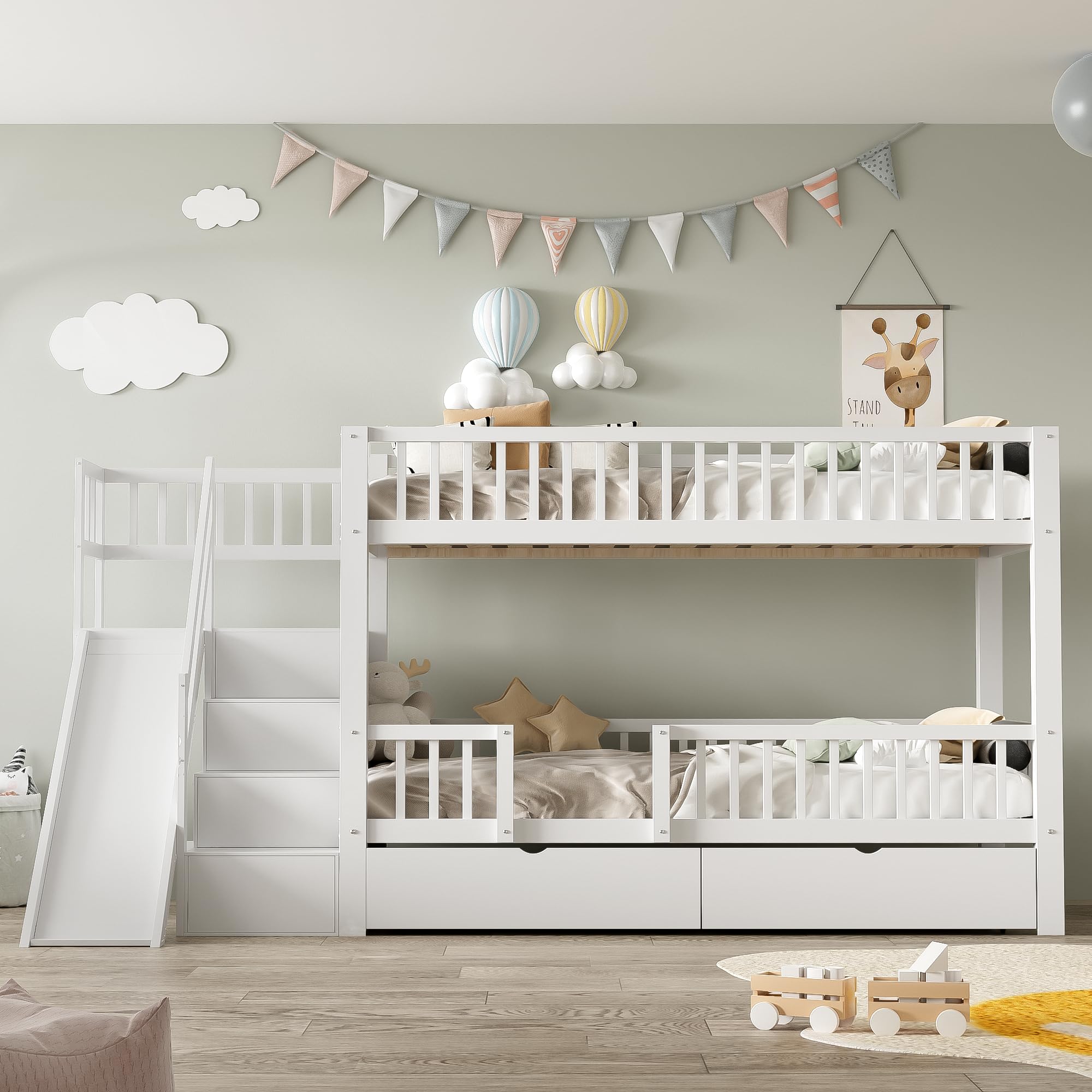 Etagenbett Kinderbett 90x200 für 2 Kinder, Hochbett mit Treppe&Rutsche&2 Schubladen, Funktionsbett Holzbett Stockbett Spielbett Jugendbett Bettgestell mit Rausfallschutz&Lattenrost,Ohne Matratze,Weiß