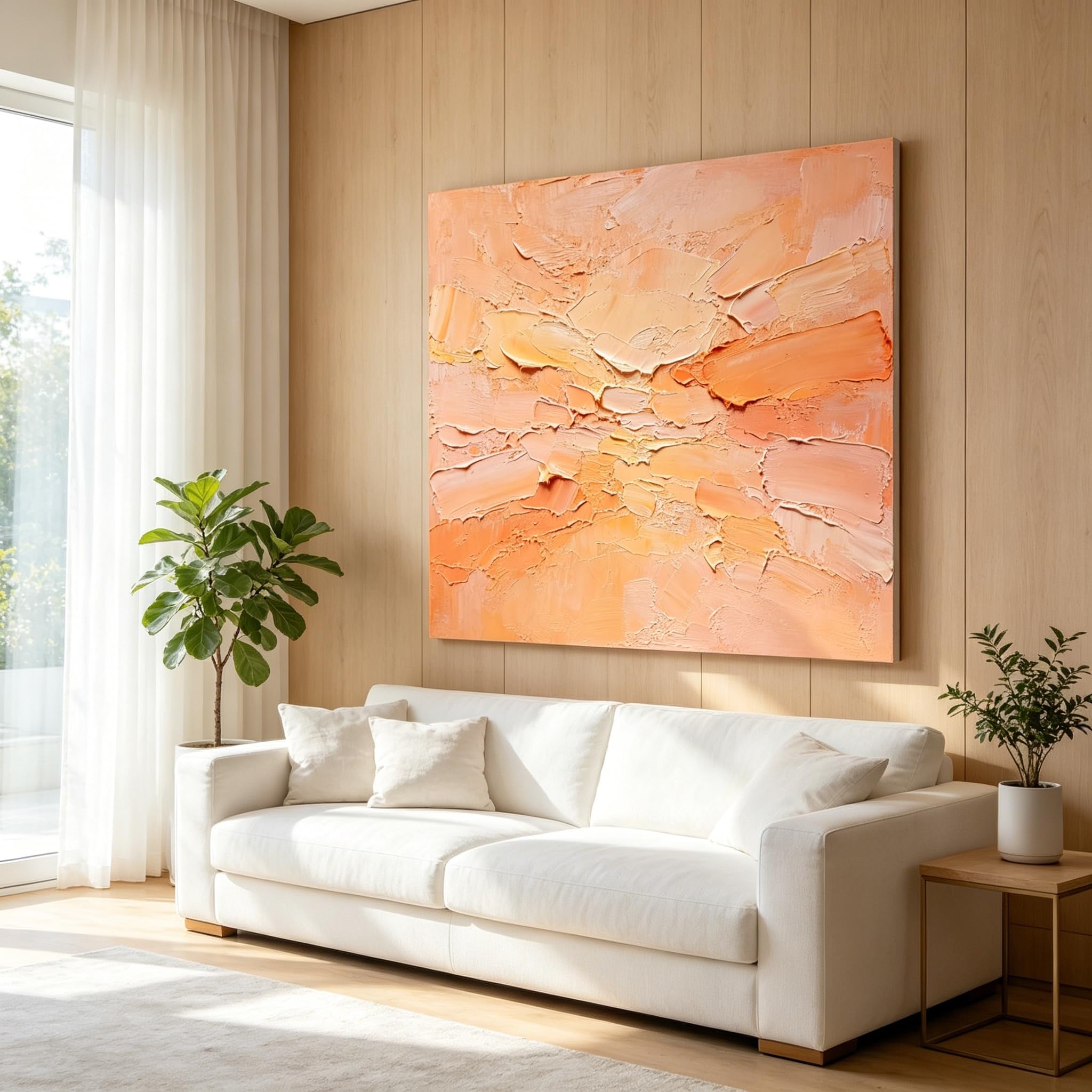 Pintura Al Óleo Abstracta En Tonos Neutros De Melocotón Y Naranja Pintada A Mano con Técnica Impasto Sobre Lienzo. Arte Mural Moderno Minimalista En Tonos Cálidos Estilo Wabi-Sabi para Sala De E