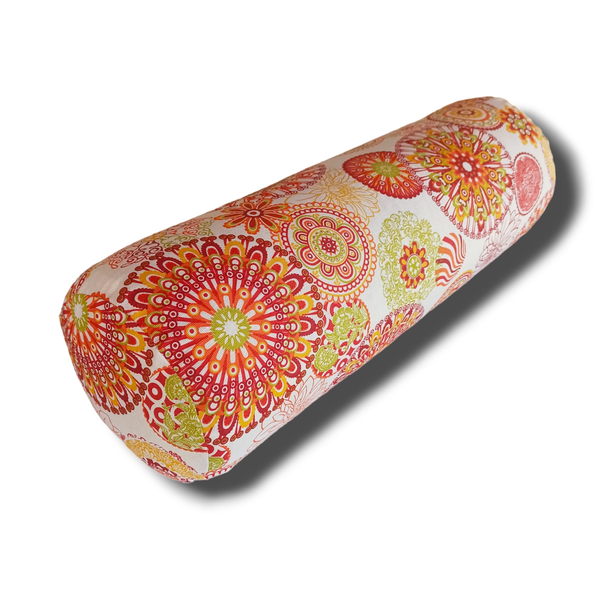 Bolster Yoga "Mandalas Naranja 2024", cojín cilíndrico, yoga accesorios, rodillo pilates, ideal para estirar espalda, relleno de cáscara de espelta ecológica, asa de transporte, 62x20cm