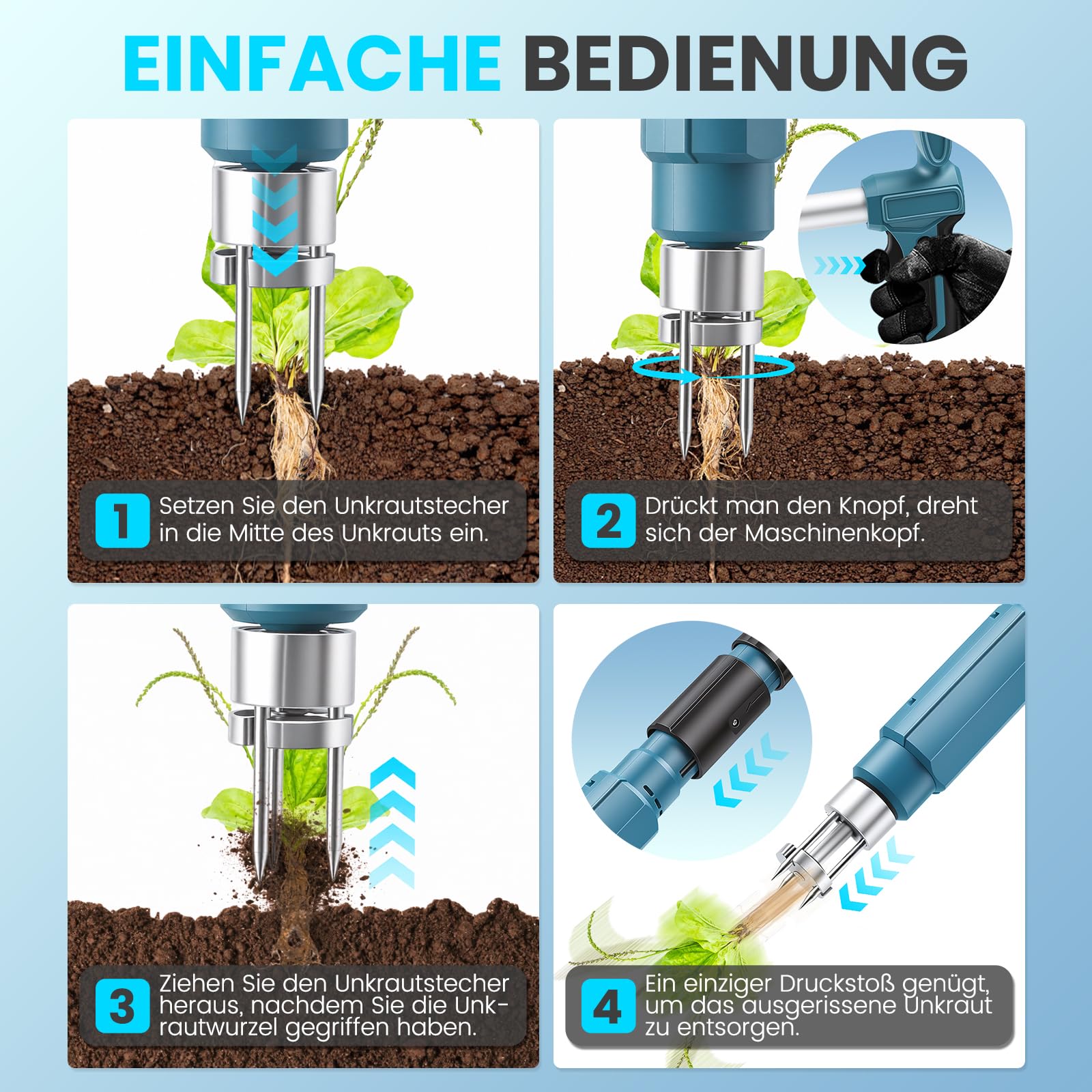 Makita 18V Estirpatore Elettrico per Erbacce, Manico Telescopico 77-95 cm, 3 Artigli Acciaio Inox, Estrattore Radici Giardino