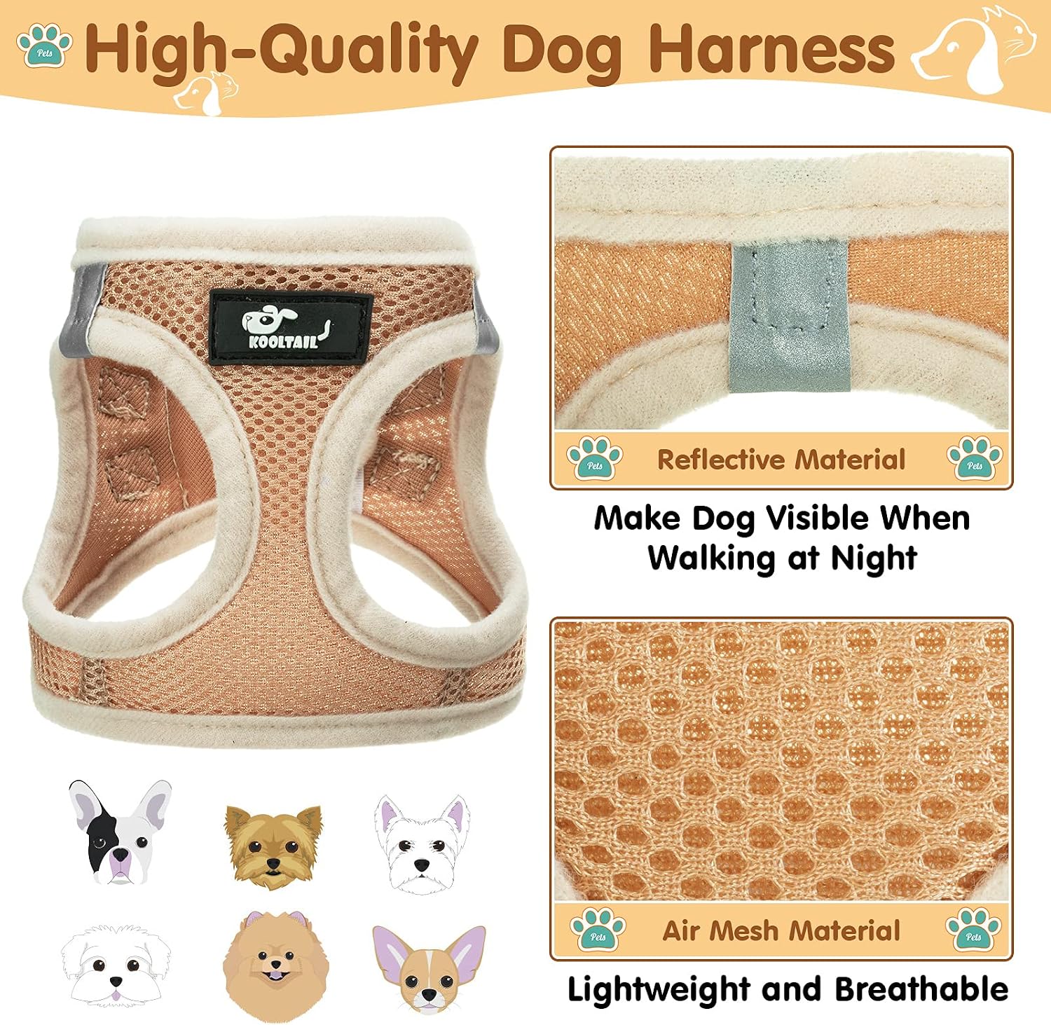 Breathable Air Mesh Dog Harness with Reflective Leash, Adjustable No Pull Step in Vest Harness for Small Dogs Puppies Cats, Beige, Extra Small