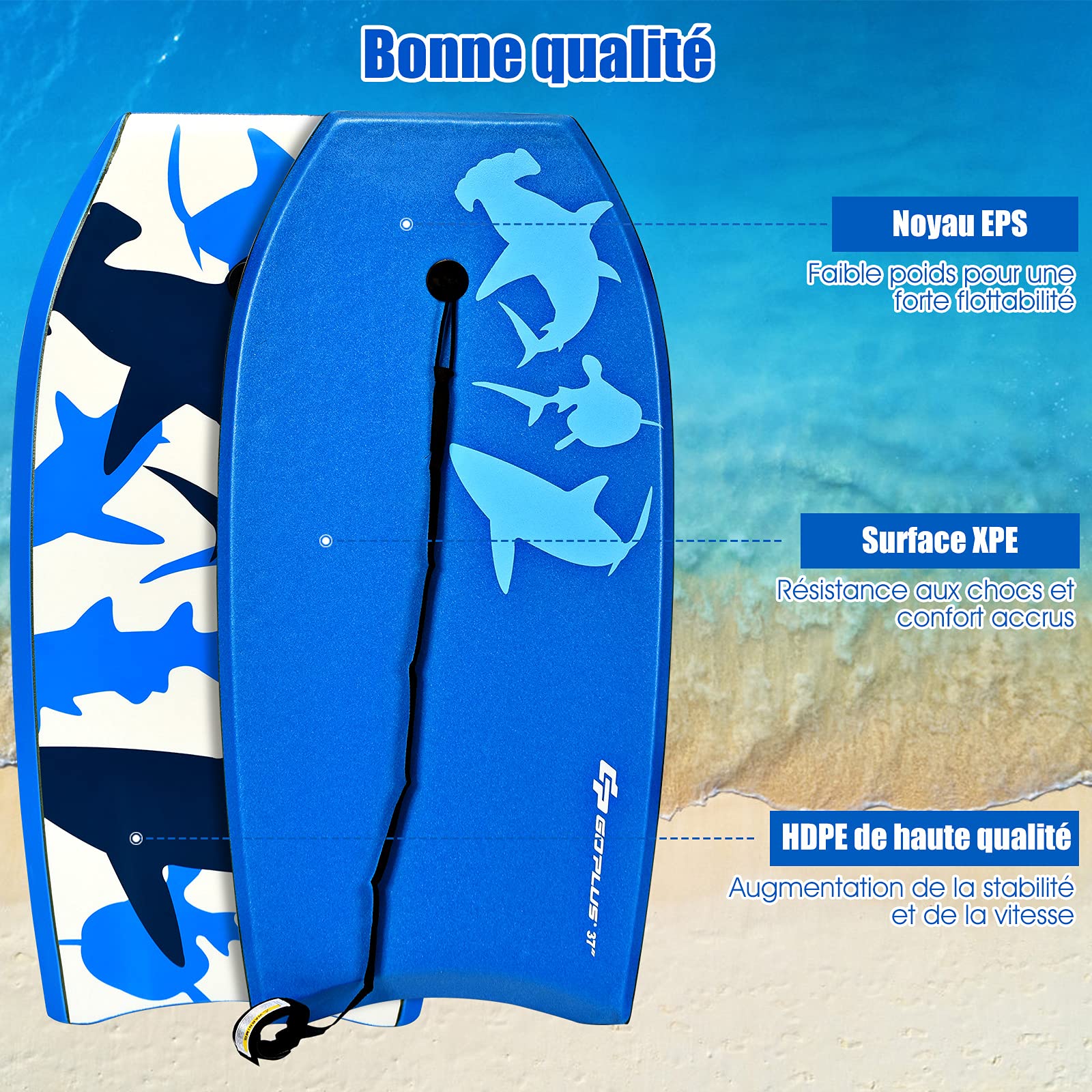 GOPLUS 33"/37"/41" Bodyboard,Planche à Vagues Bodyboard 105cm,Bodyboard avec Motif Coloré,Bodyboard Léger et Résistant,Planche Idéale pour Surfer Les Vagues,Laisse de Poignet