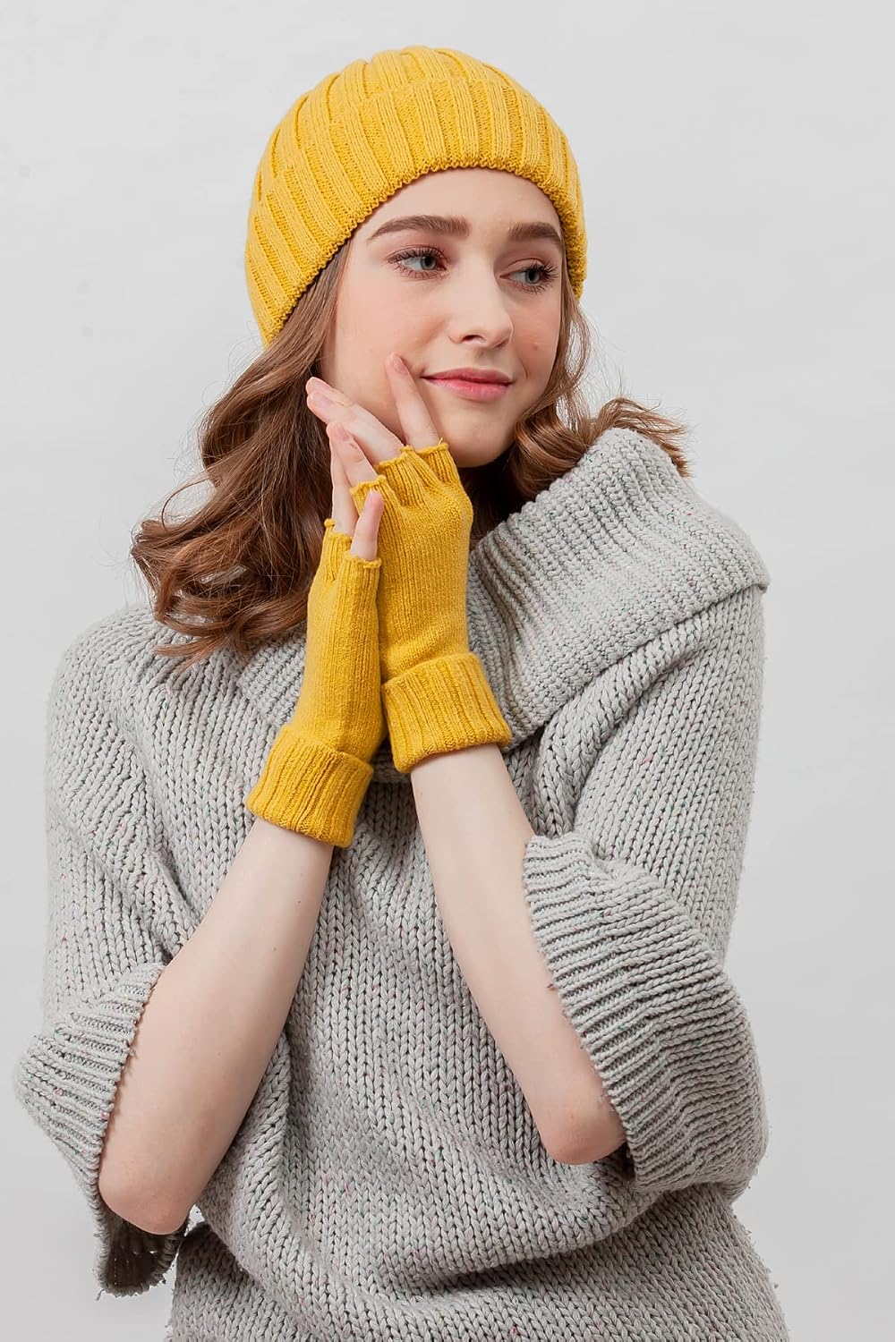 BYOS Women's Unisex Winter Rib Knit Cuffed Beanie Hat and Half Finger Gloves Set