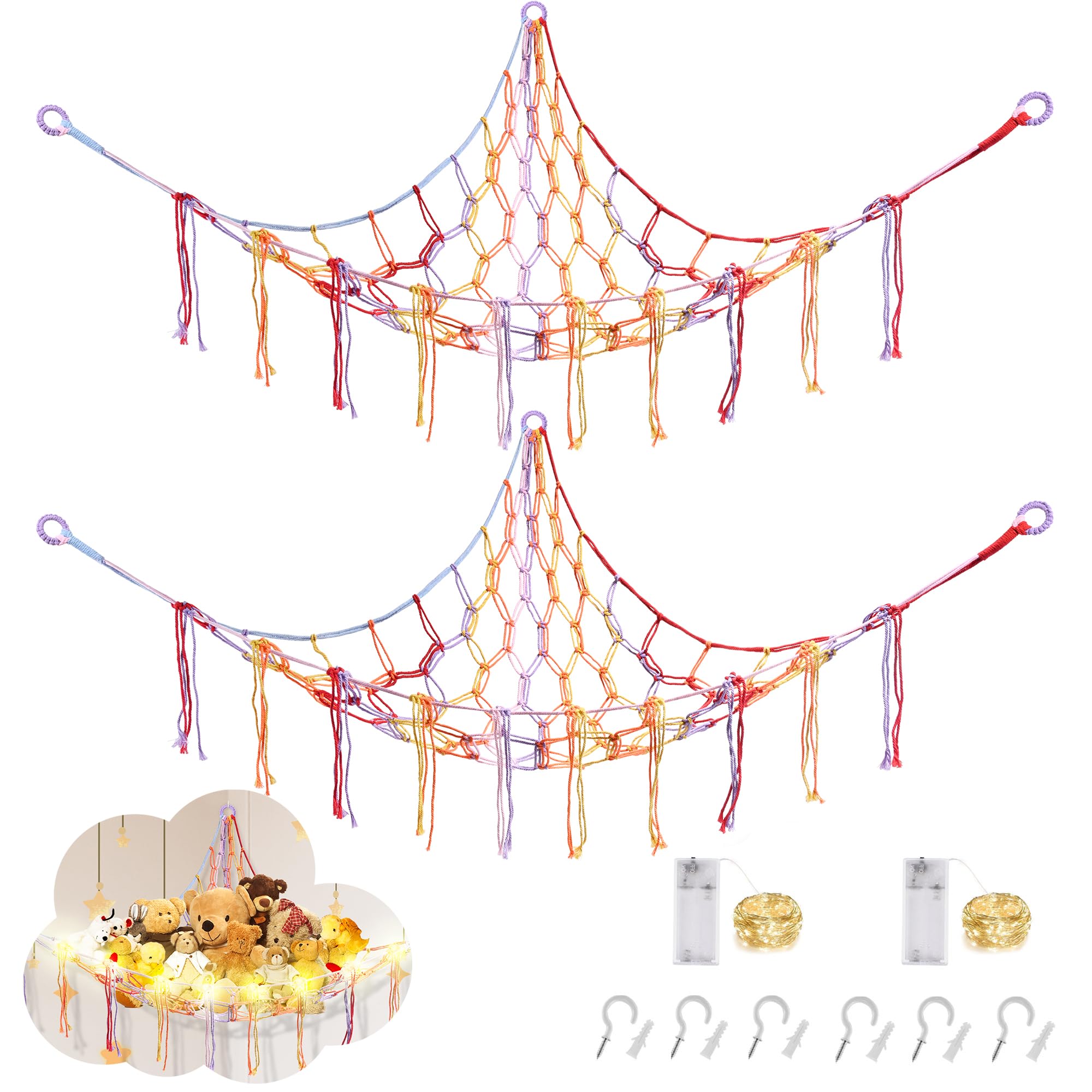 CERETIA Stuffed Animal Hammock Corner Plushie Net Storage, 2 Packs Rainbow