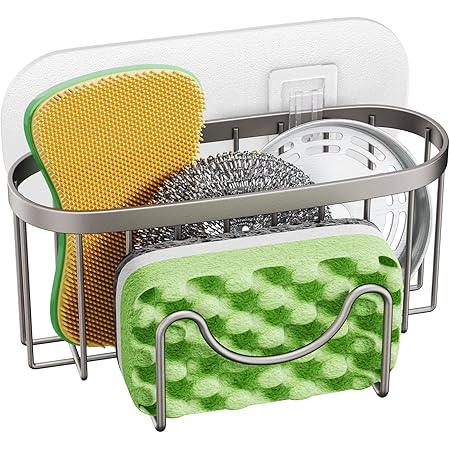 HapiRmMultifunctional Kitchen Sponge Holder with Unique M-Shaped, 2 Installation Ways Sink Caddy, Stainless Steel Kitchen Organizer for Sponge, Brush, Sink Stopper and Scraper -Brushed Nickel