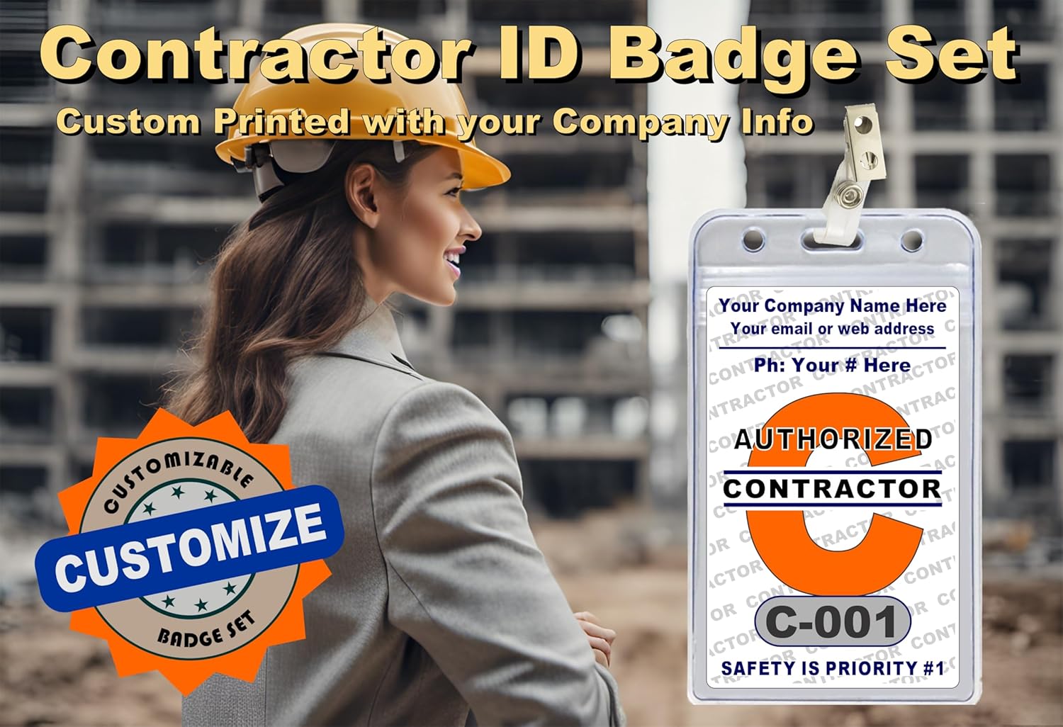 Contractor ID Badges/Cards (12 pcs) - PVC Plastic Custom Printed with Your Company Name 12 pcs - Badge Holders & Clips Included - Made in The USA