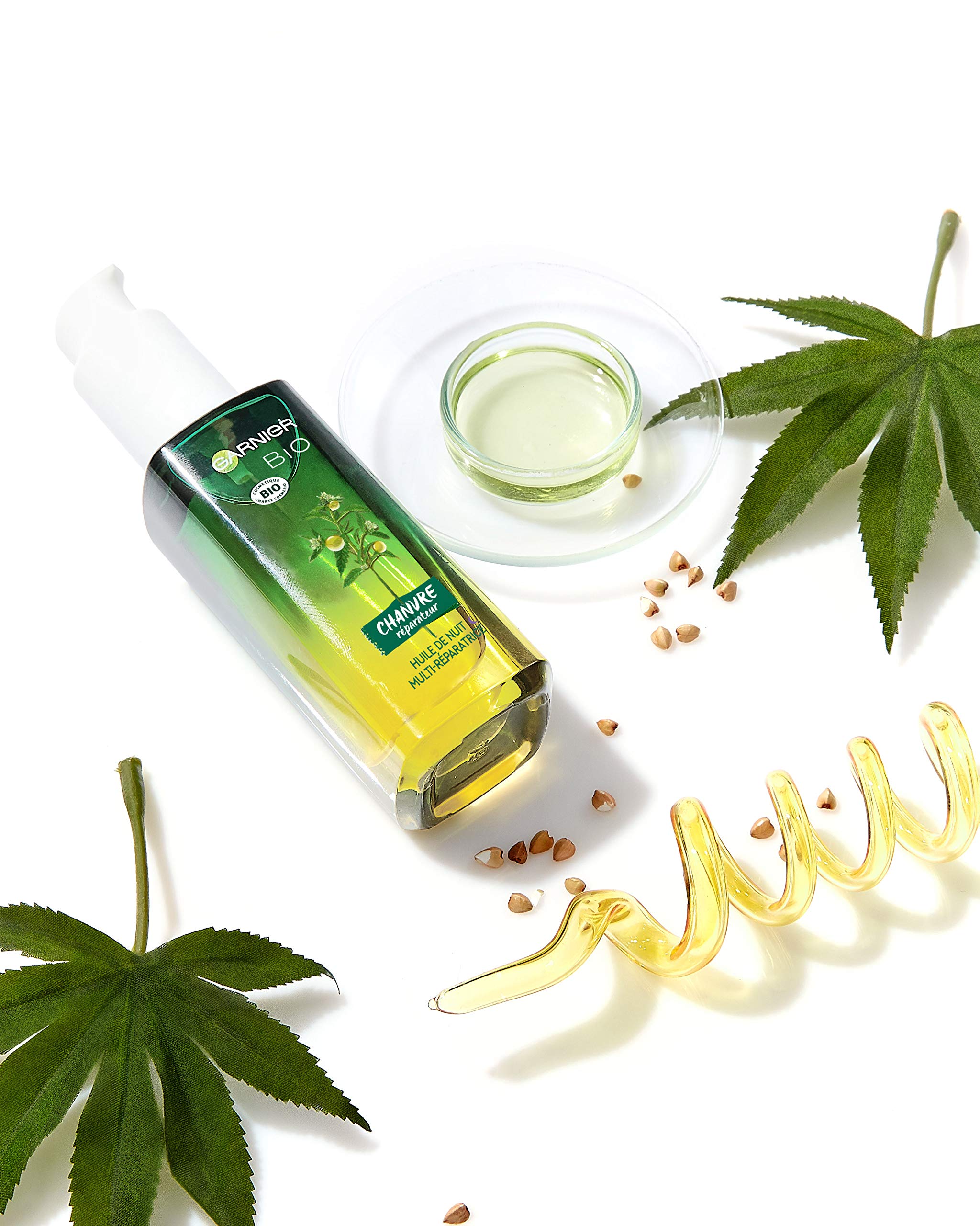 Garnier Bio - Huile de Nuit Multi-Réparatrice Visage - Au Chanvre Nourrissant & Vitamine E - Peaux Stressées & Sensibles - 30 ml