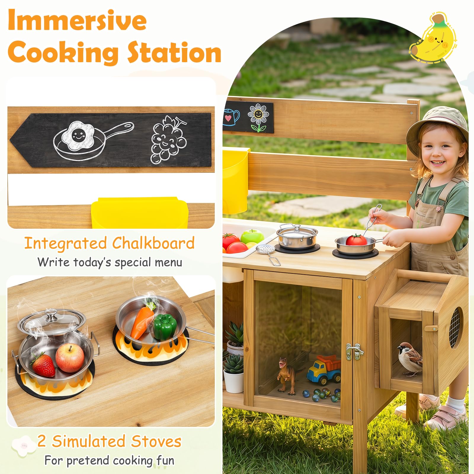 FANTASK Matschküche Outdoor mit Wassertank und Kochzubehör Spielküche | Inklusive Spüle, Wasserhahn, Rankgitter und Pflanzkasten für kreatives Gartenspiel ab 3 Jahren