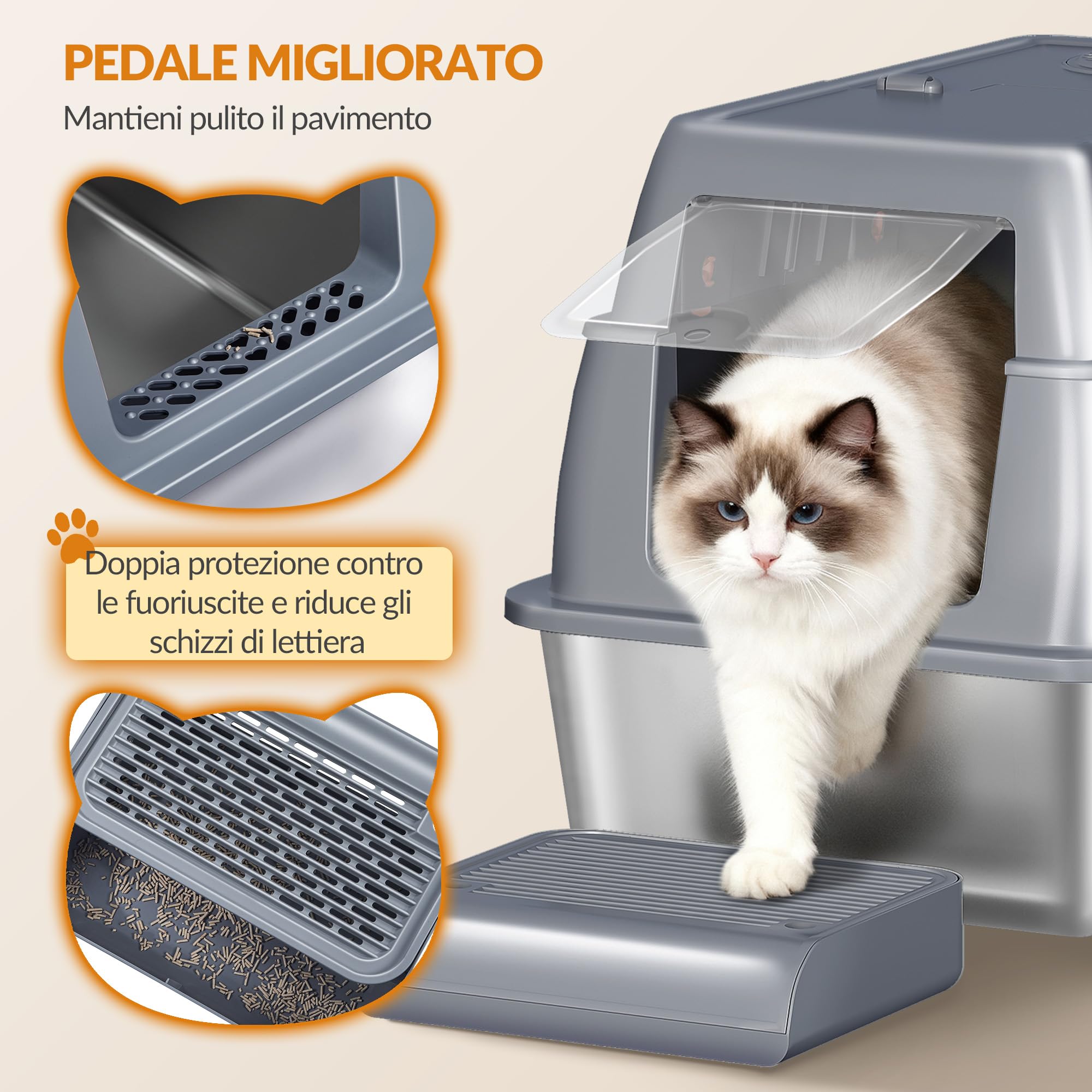 Lettiera Acciaio Inox Gatto XXL, 61 x 41 x 40 cm, Grigio Scuro | Lettiera Gatto Chiusa con Coperchio, Coperchio Incernierato a 180°, Pedale e Paletta, Facile da Pulire, Design Modulare