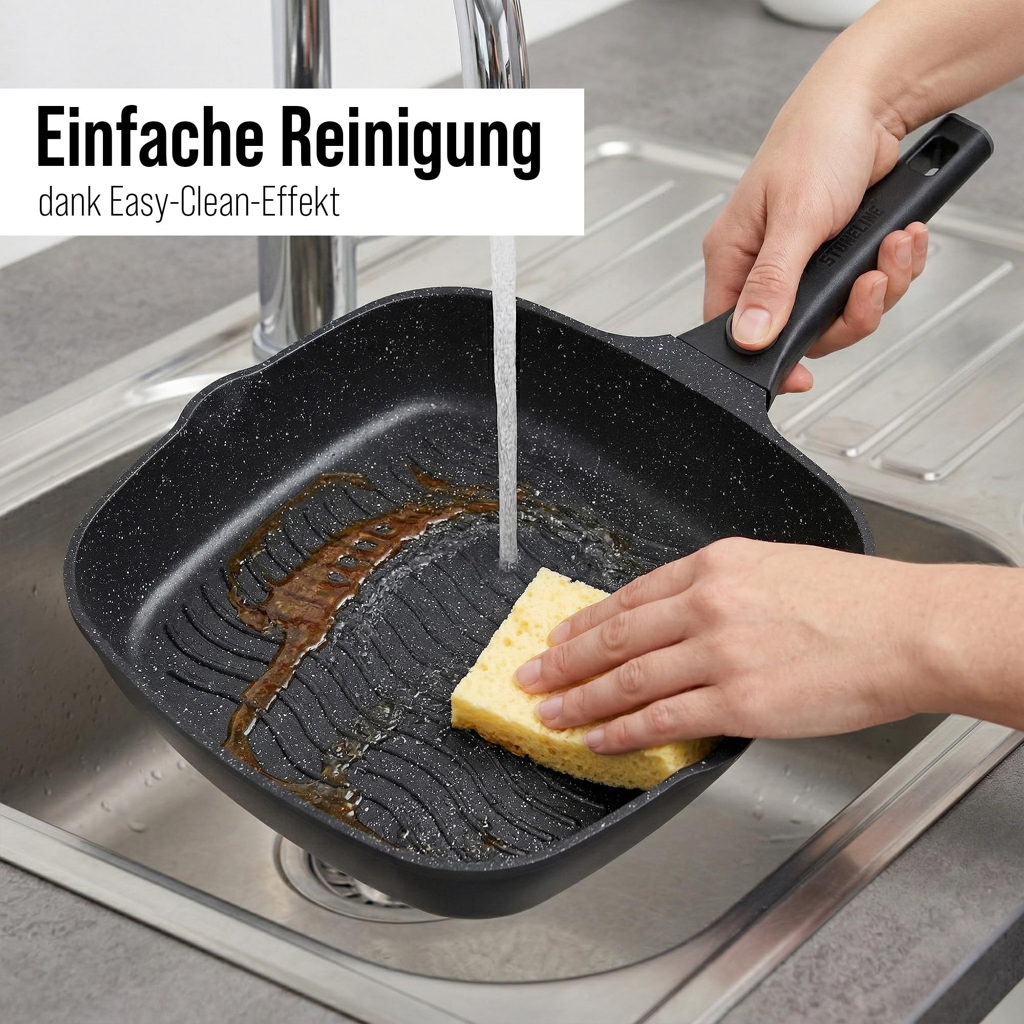 STONELINE SMART Grillpfanne 28 cm ☆ REDESIGN 25/26 ☆ Große Steak Pfanne Aluguss, Abnehmbarem Griff, Pfanne Induktion, Alle Herdarten, Antihaftbeschichtet mit echten Steinpartikeln, Grau