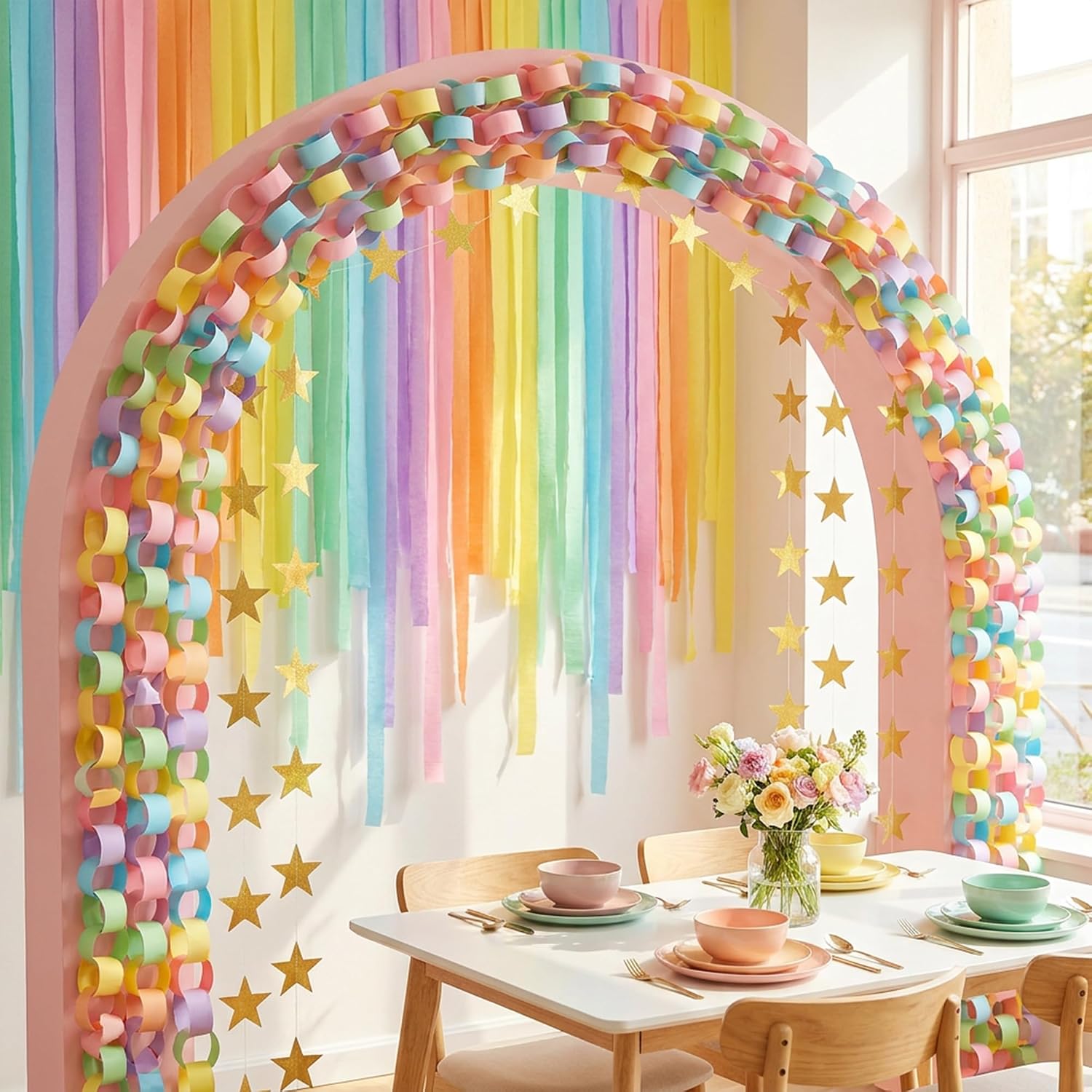 700 Sheet Macaron Paper Chain Strips and Star Garland Set, Pastel Paper Chains and 52 ft Gold Star Decor with 492 ft Crepe Paper Streamer for DIY Colorful Craft Birthday Wedding Theme Party