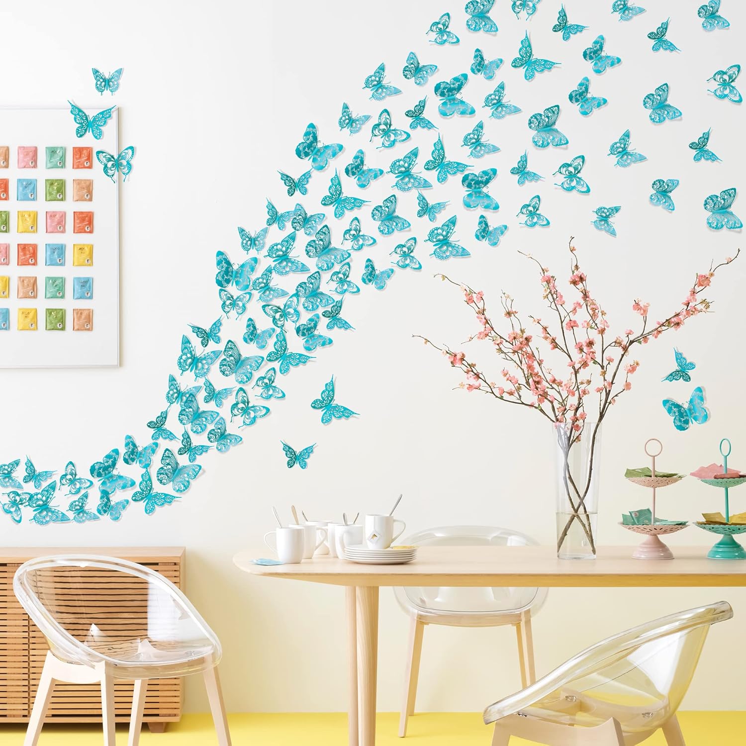 60 Pieces New Vintage Pattern Hollow Butterflys Wall Decals 3D Teal Butterflies Wall Sticker DIY Removable 5 Styles 3 Sizes Metallic Art Decor for Kids Girls Bedroom Living Room Birthday Cake Office