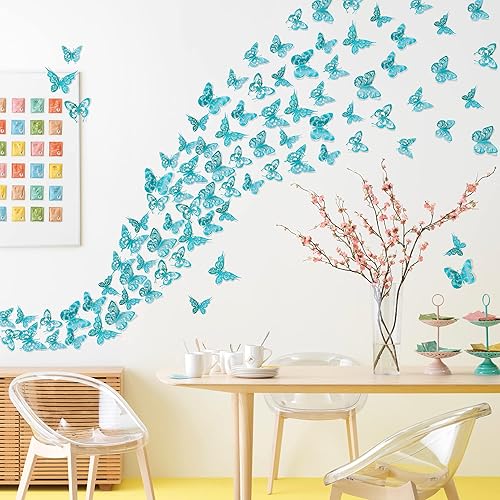 Miniatura 5 de 60 calcomanías de pared de mariposas huecas con patrón vintage 3D, mariposas verde azuladas, calcomanías de pared removibles 5 estilos, 3 tamaños,
