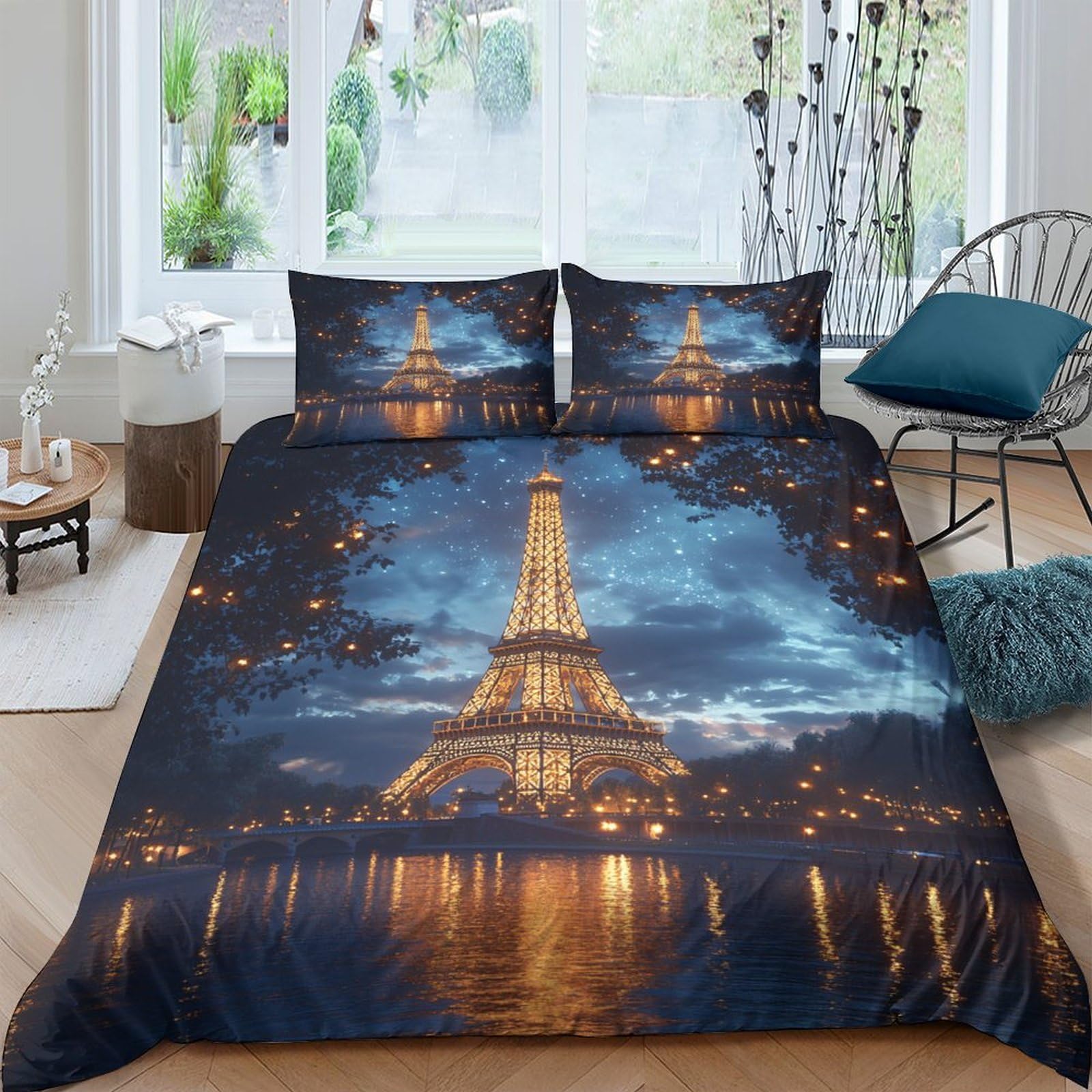 GPLZQXKJNH 3D Printed Eiffel Tower Night Scene Duvet Cover Microfiber Soft Bedding Set with 2 Pillowcases for Bedroom, Single（135x200cm）