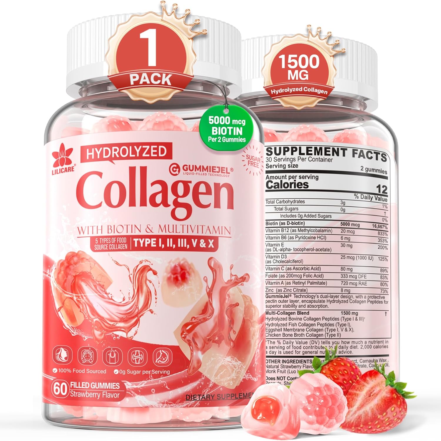 Sugar-Free Multi Collagen Peptides Gummies, 1500mg hydrolyzed collagen, Type I II III V X, biotin and B12, 60 count
