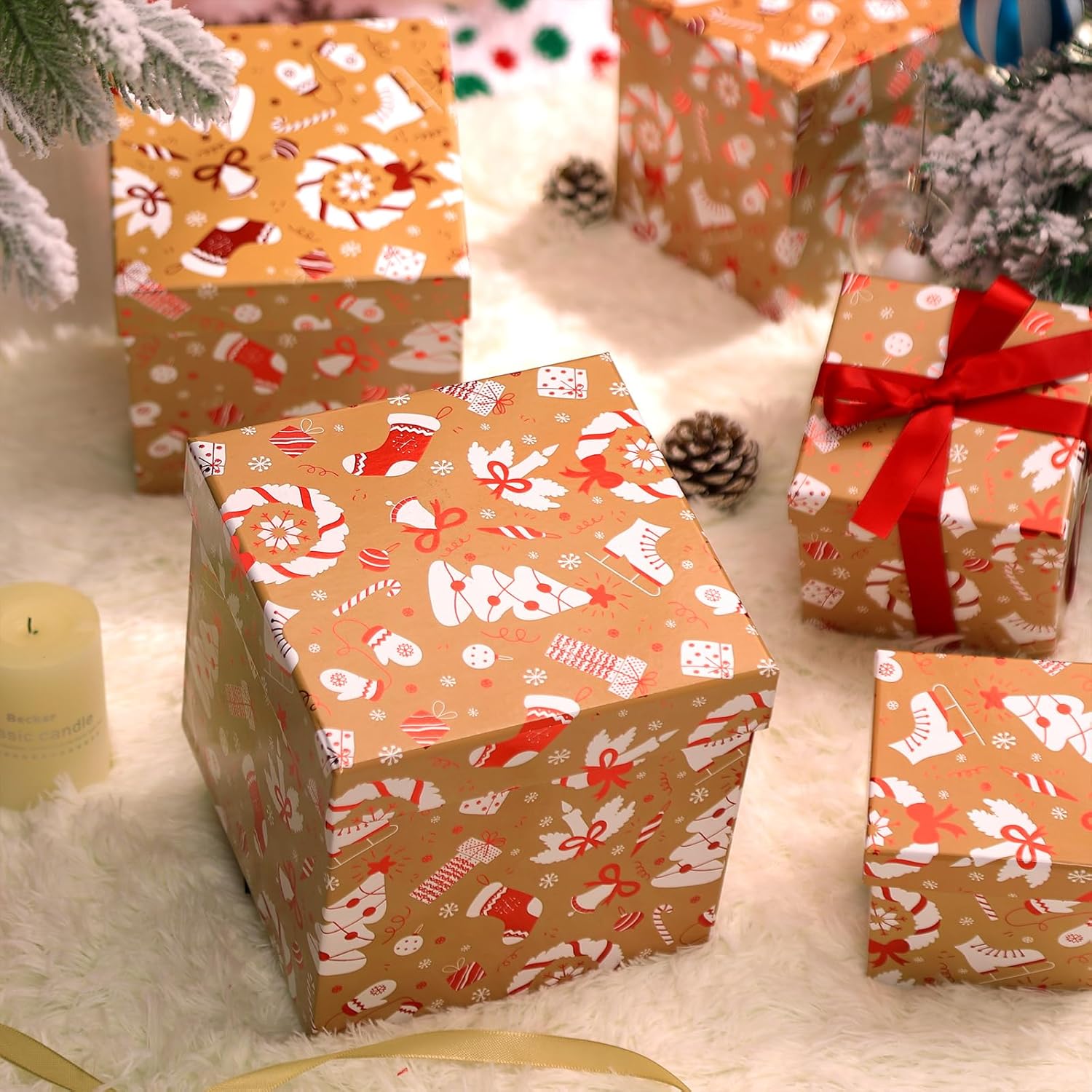 PAPER FAIR 5PCS Christmas Nesting Gift Boxes Set, Brown Kraft Candy Cane Xmas Stocking Red Foil Square Cardboard Nested Box w/Lid, for Gift Wrapping Holiday Present Birthday, Assorted Size