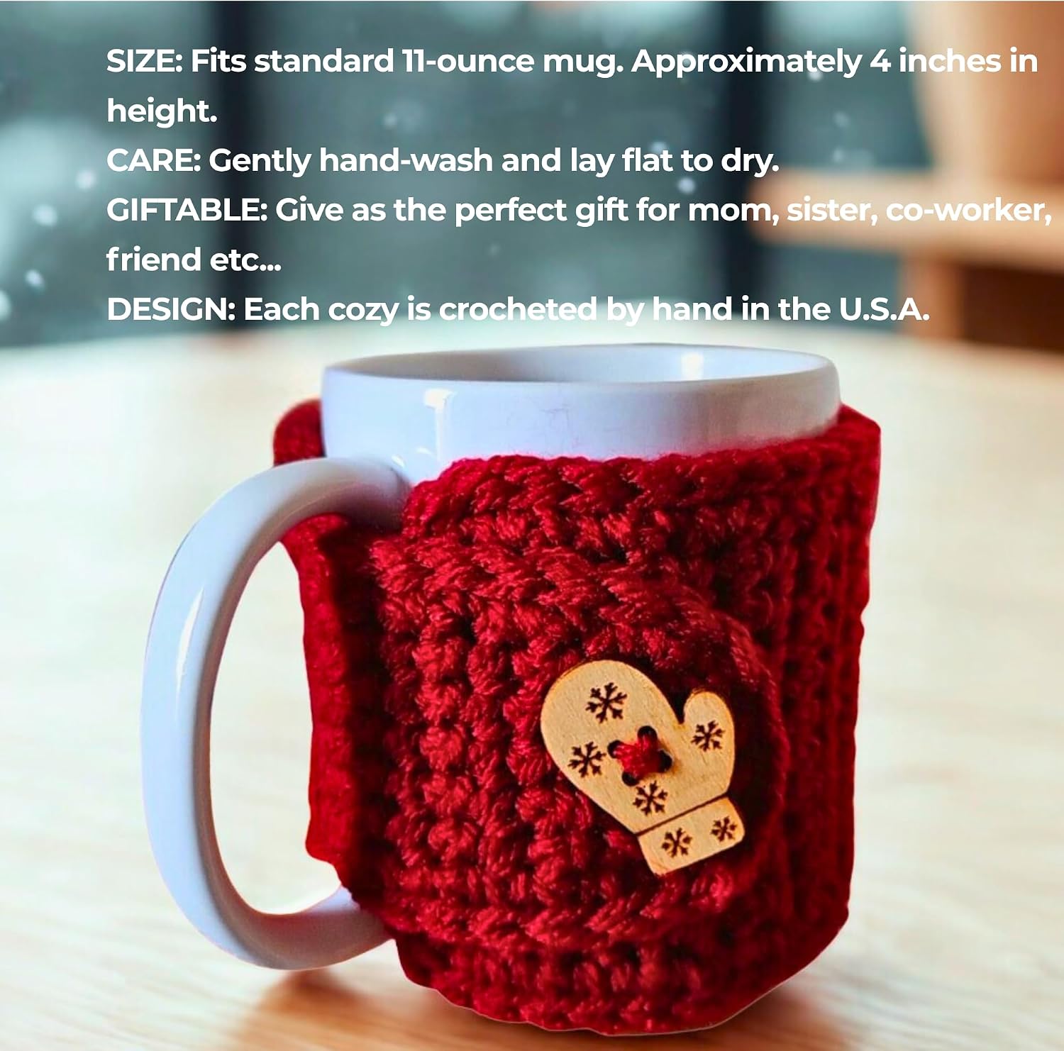 Nandy’s Nook Handmade Mug Cozy with Mitten Button Set (2 Pack) – Crochet Coffee & Tea Sleeves, Warm Winter Gift for Her, Custom Color Options