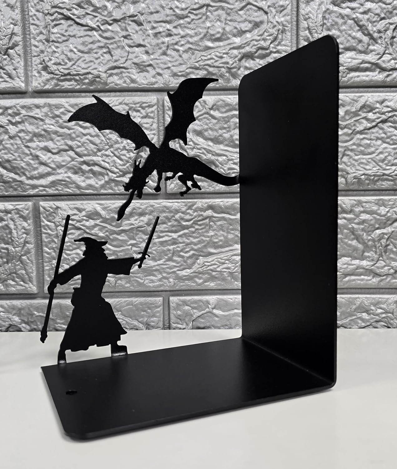 Decorative bookends for Shelves, 7 Inch Tall Heavy Metal Bookends, Unique Bookends, Non Skid Book Ends, Book Stopper for Home/Office Decor/Shelves, Wizard and Dragon Design, Black, 3lb