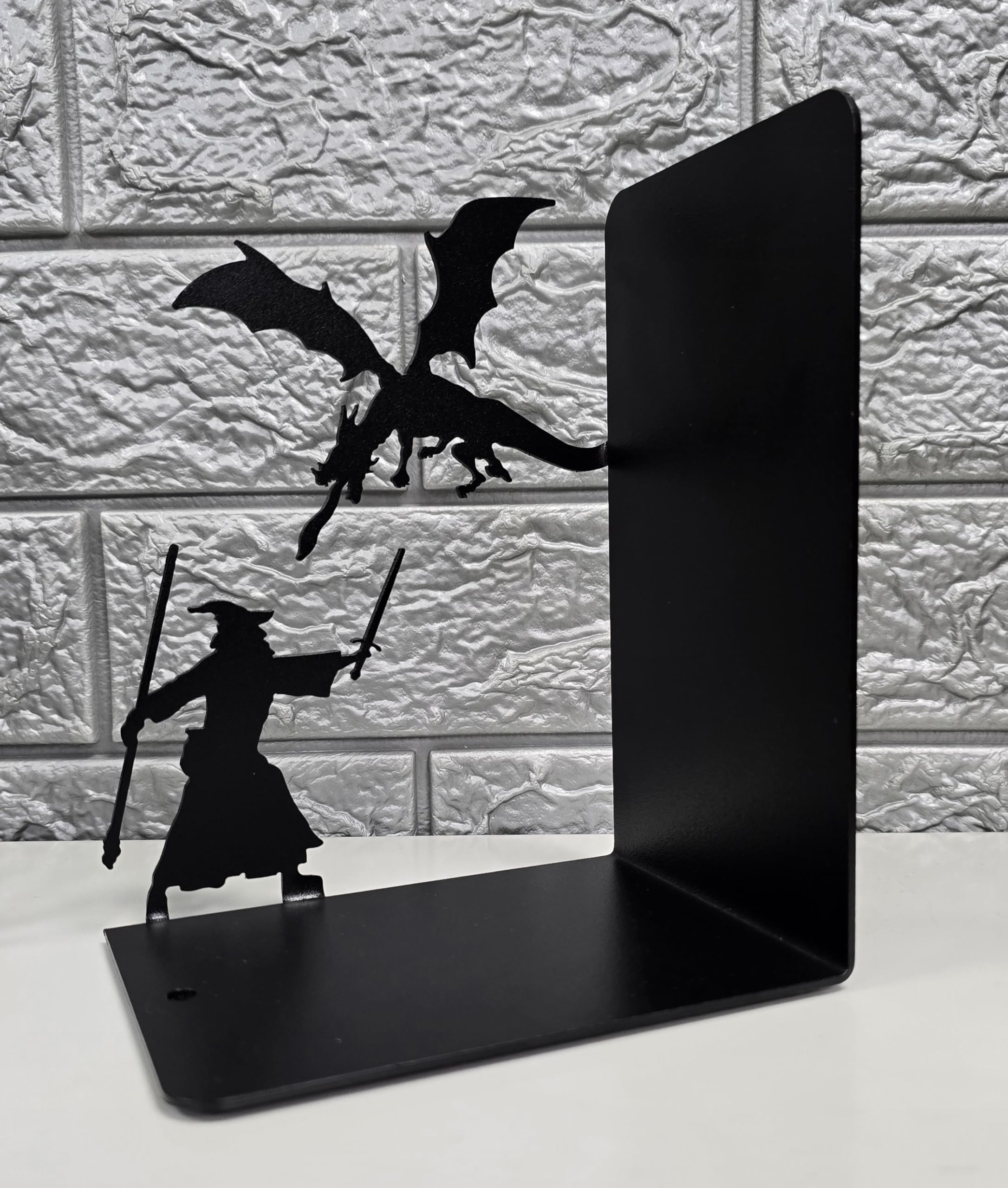 Dekorative Buchstützen aus Stahl, 17,8 cm hoch, 27,9 cm breit, Zauberer und Drache, Schwarz, 1,4 kg