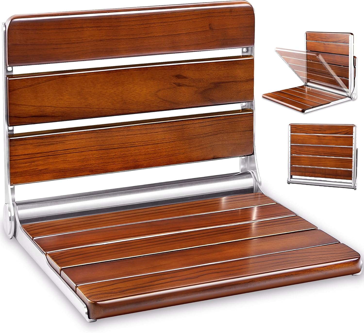 19" Folding Teak Shower Seat Wall Mounted- Shower Bench for Inside Shower, ADA Compliant Teak Shower Seat Wooden Wall Mounted Bench Bathroom Stool, Folding Bathtub Shower Seat for Kids Adults Elderly