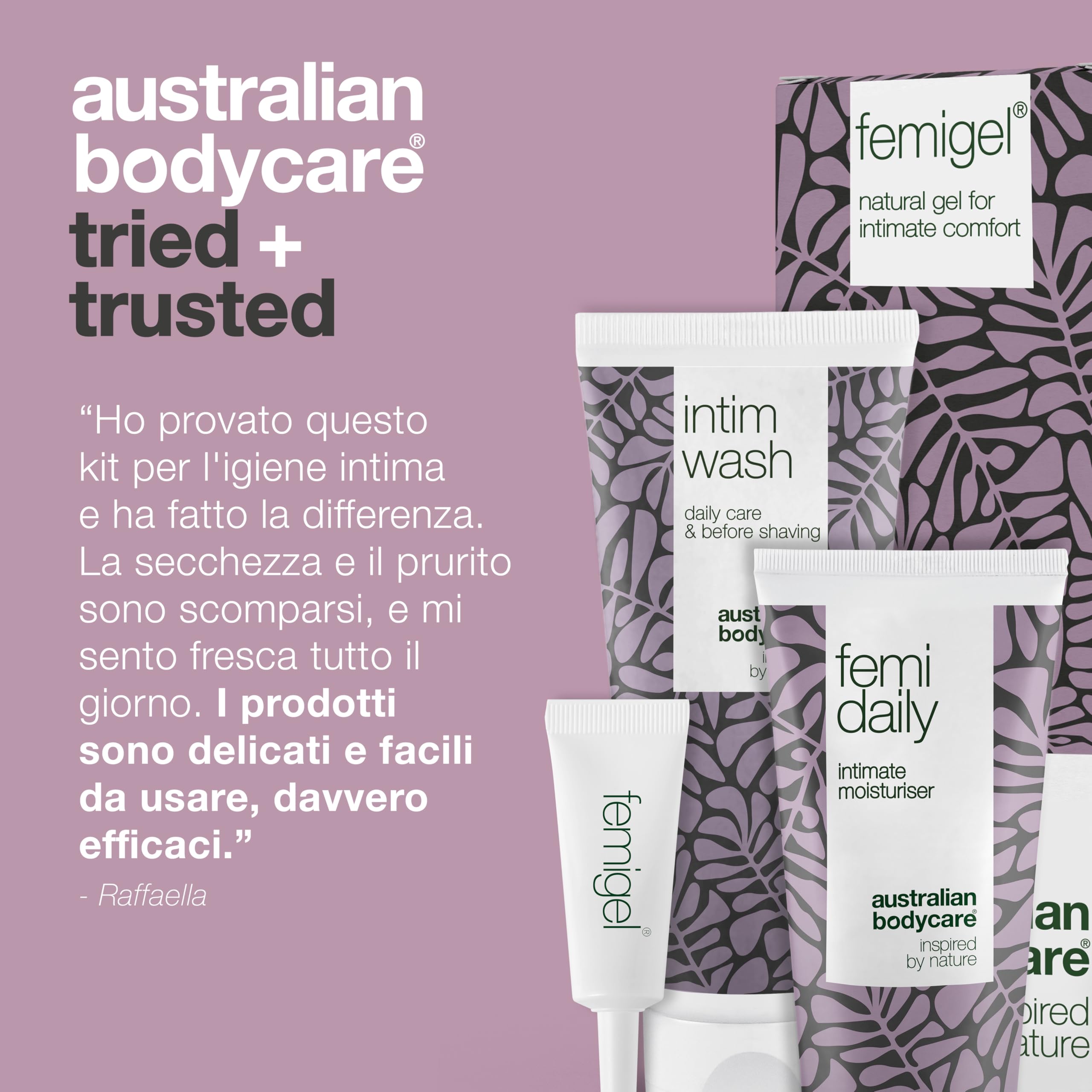 Australian Bodycare Intimate Kit – 3 prodotti per la cura intima | Riduce secchezza, prurito, rossori e odori| Contiene: Intim Wash 200 ml + Femi Daily 100 ml + Femigel 5x5 ml | Australian Bodycare