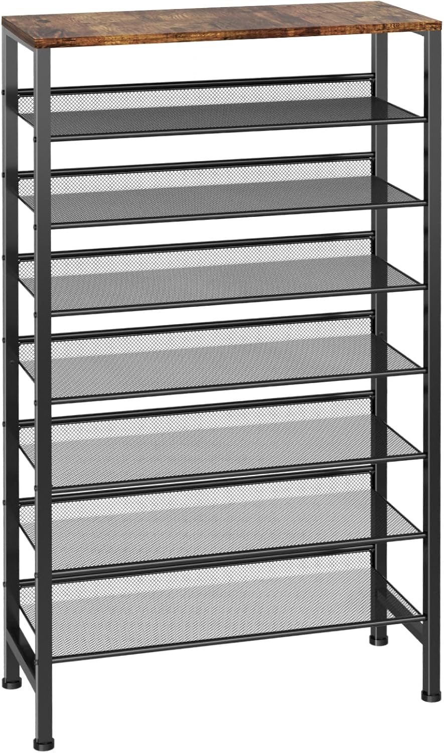 Large Shoe Rack 8 Tier Shoe Organizer, Heavy Duty Metal Shoe Storage Vertical Shoe Rack for Closet Front Door Entrance, Up to 28 Pairs, Top Wooden Storage Shelf, Black