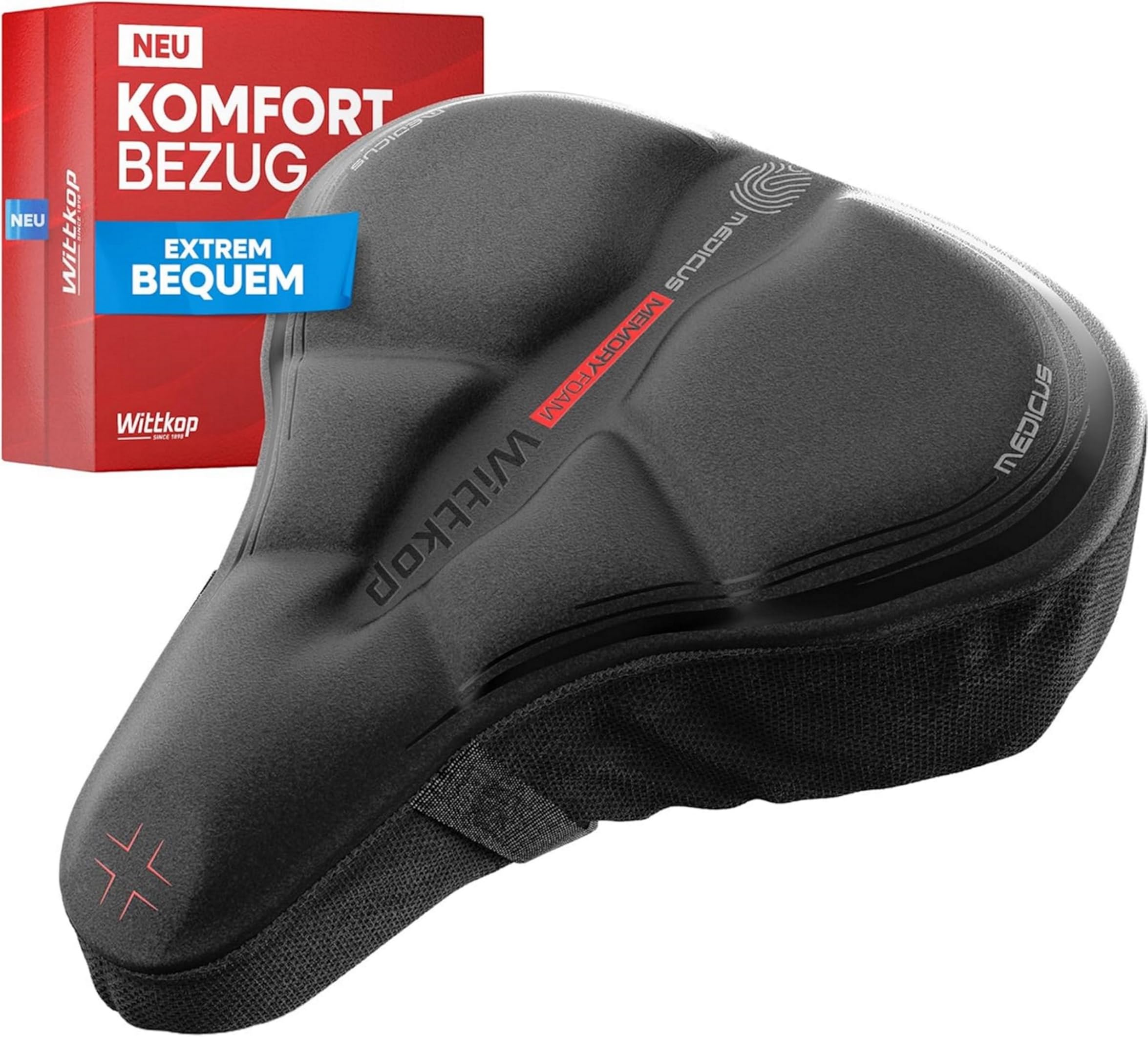 WITTKOP Cojín para asiento de bicicleta con cojín de gel y espuma viscoelástica, funda ergonómica para asiento de bicicleta para hombre y mujer con concepto de 3 zonas, cómoda funda para sillín de