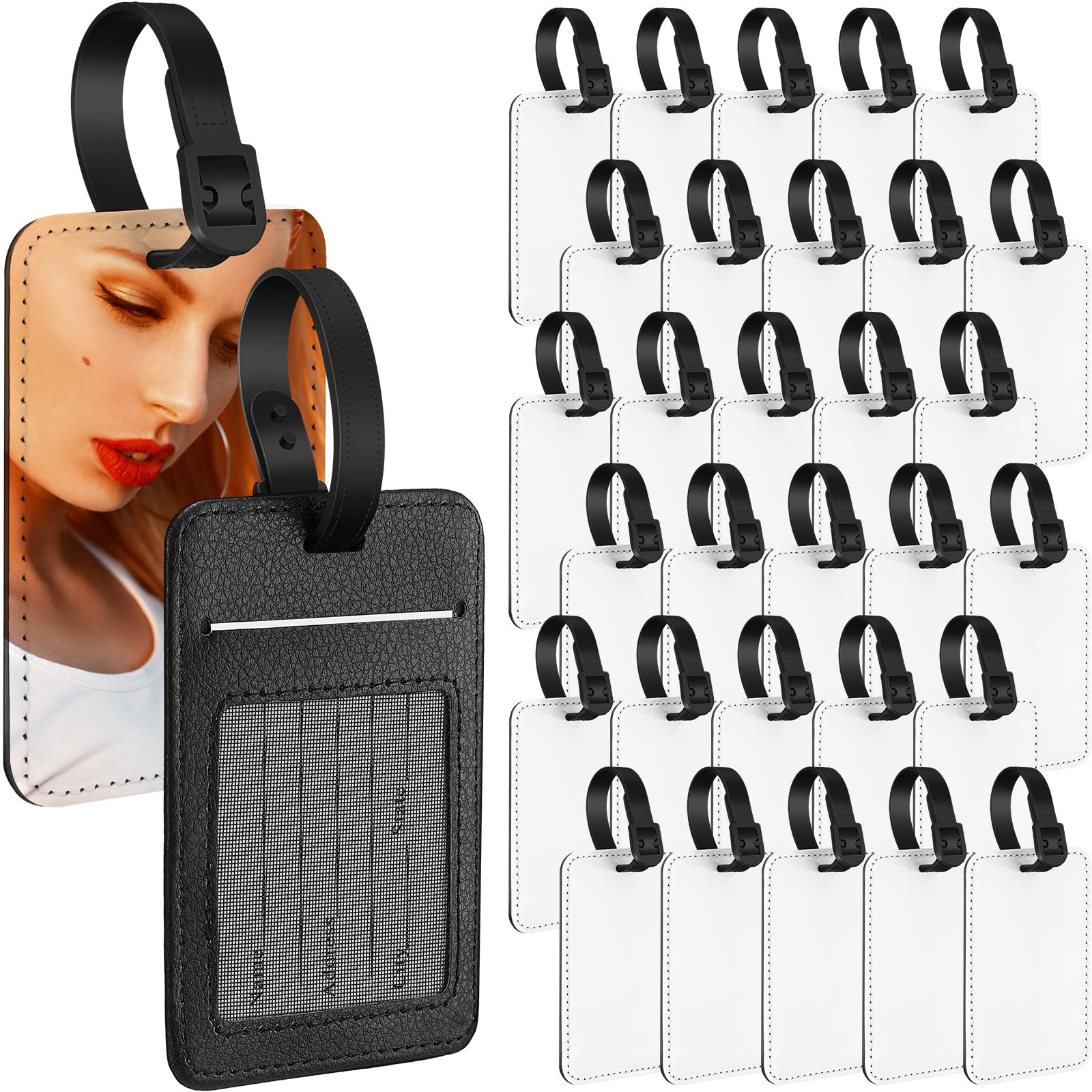 Frienda 32 Pieces Sublimation Luggage Tags Bulk PU Leather Name Label Blank Suitcase Heat Transfer Bag Card Business ID Card Holder Travel ID Tags for
