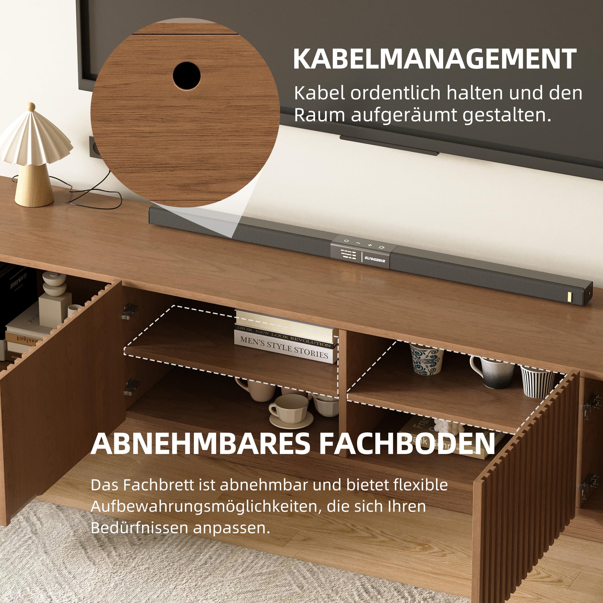 KAANAA TV Schrank 220cm mit Lamellentüren, TV Lowboard Nussfarbe | 220cm TV Lowboard, Lamellentüren, Nussfarbe Holzoptik, großer Stauraum, Kabelmanagement, für Fernseher 75–90 Zoll