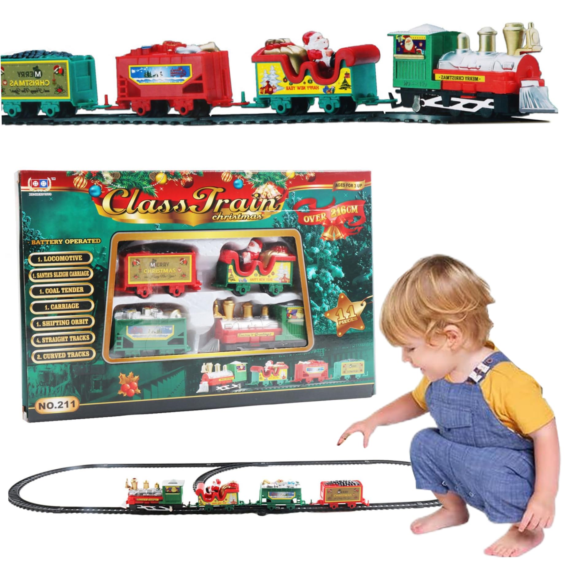 Jorzer Ensemble de Train électrique pour Enfants 11 x 7 x 1, Mini Train de Noël simulé avec 4 Voitures et Voies, Cadeaux Noël Classiques pour garçons et Filles (sans Batterie)