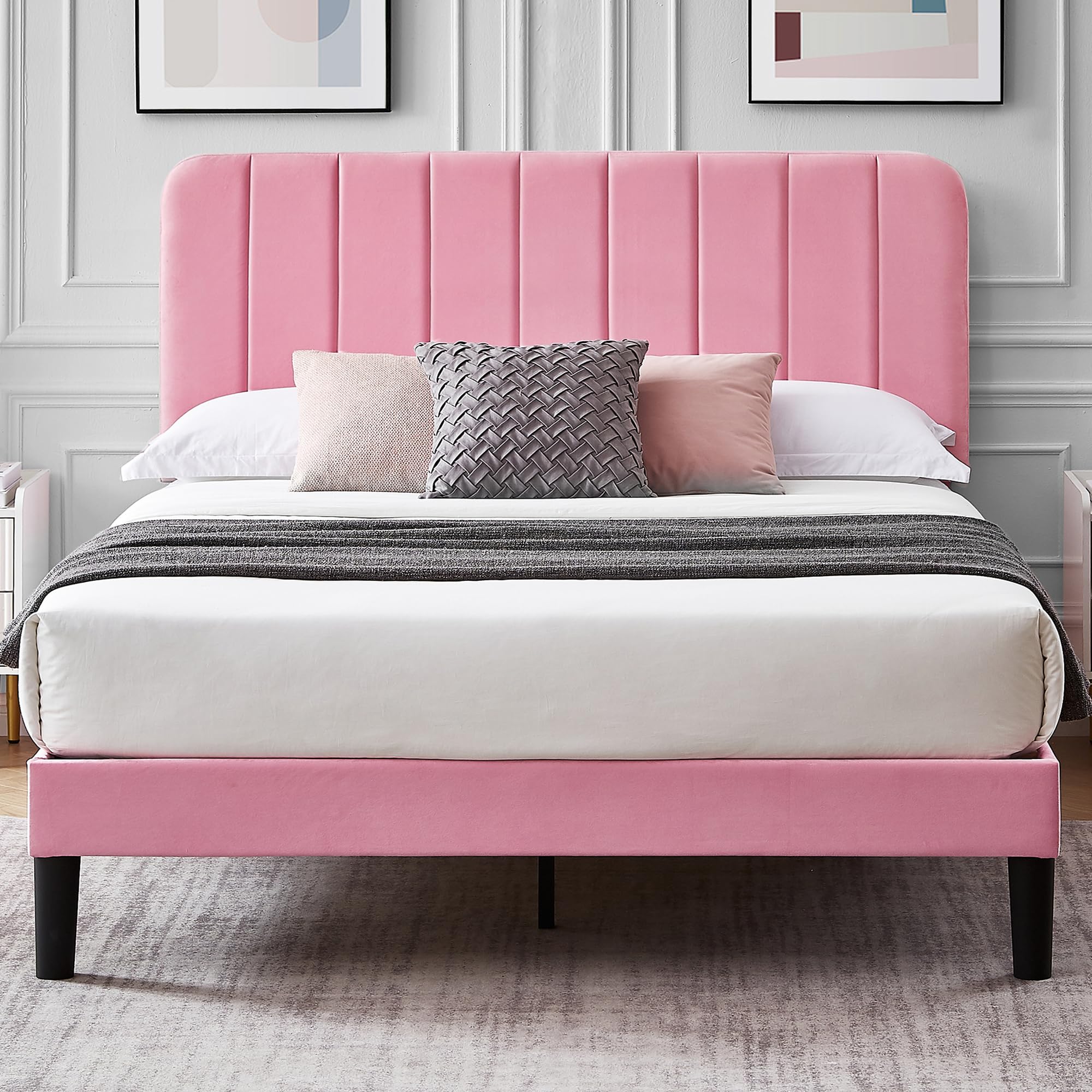 VECELO Full Size Upholstered Bed Frame with Adjustable Headboard, Velvet Platform Bedframe Mattress Foundation, Strong Wood Slat Support, No Box Spring Needed, Pink