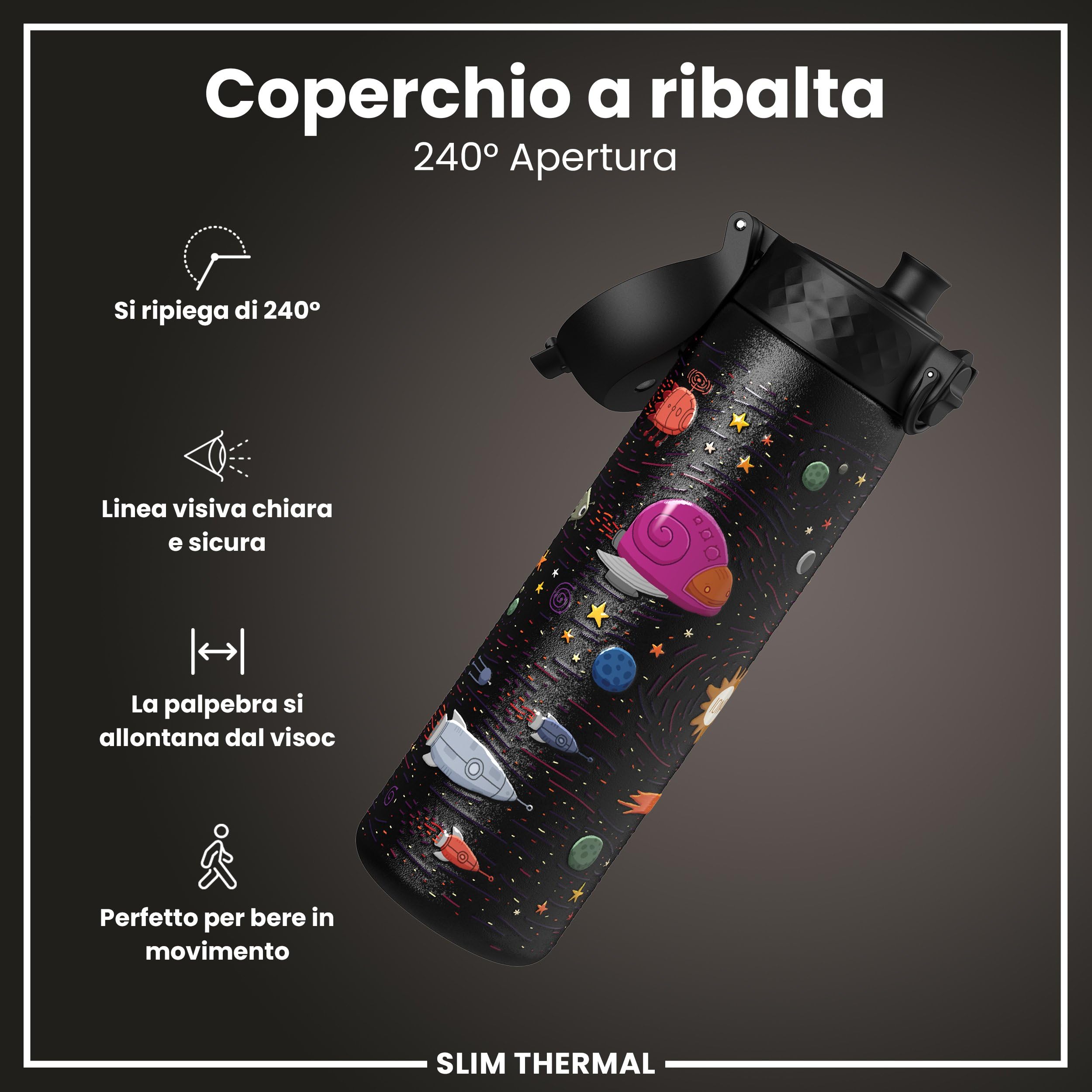 Ion8 Borraccia Termica in Acciaio Isolato, 500ml, a Prova di Perdite, Facile da Aprire, Serratura Sicura, Lavabile in Lavastoviglie, Maniglia per il Trasporto, Facile Pulizia, Durevole,Astronavi